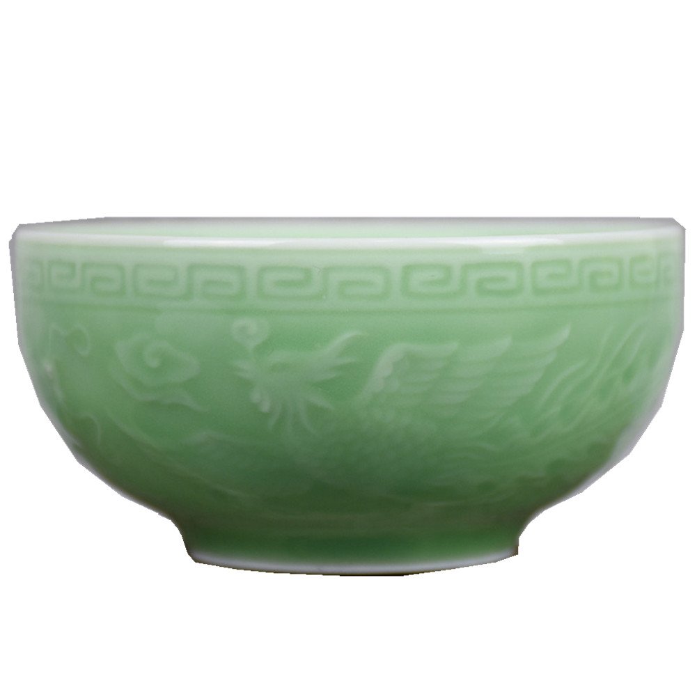 Premium Chinese Celadon 4.5-Inch Rice Bowls - Microwave & Dishwasher Safe - Exquisite Dragon & Phoenix Embossed Design - Perfect for Asian Cuisine, Home Dining & Gift Giving