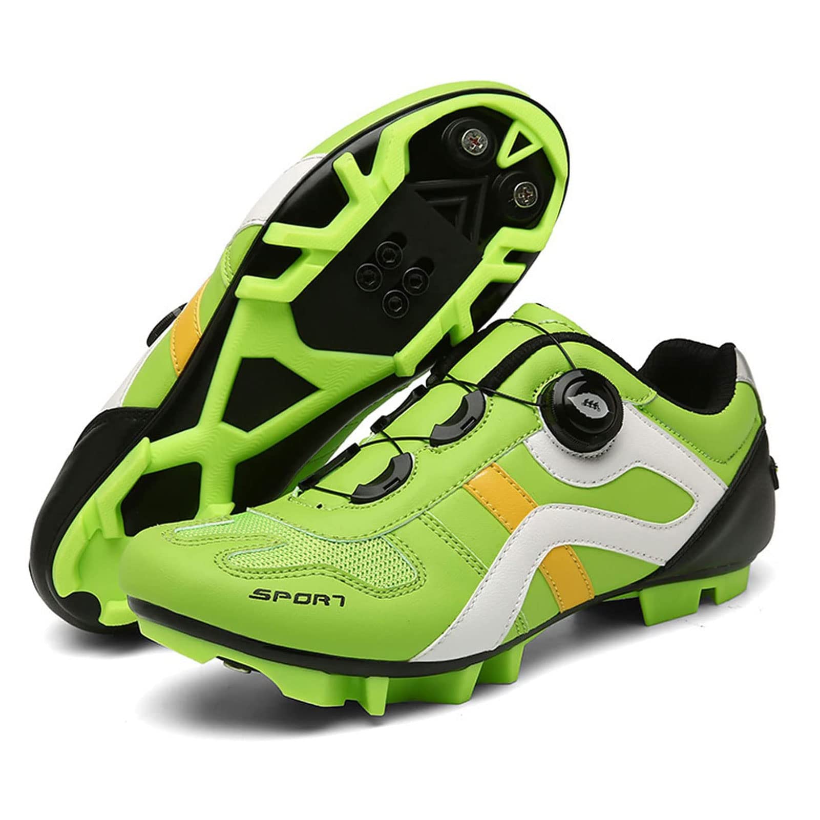 WAYNFF Fluorescent Green Breathable Cycling Shoes for Men & Women - Mountain & Road Bike Shoes with Lock Compatibility - Size 43 - Perfect for Teen Riders & Outdoor Cycling Adventures