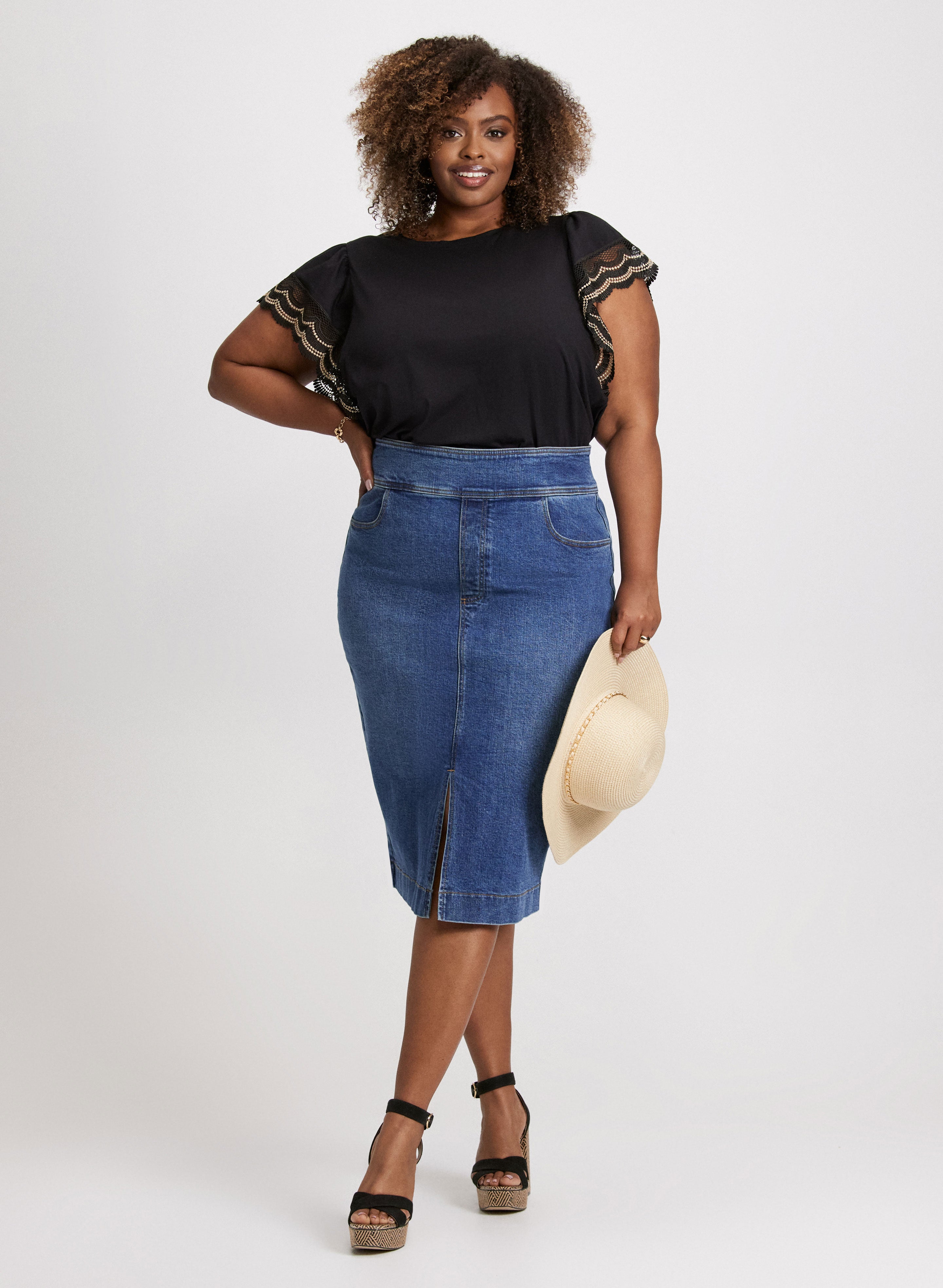 Stylish Denim Pencil Skirt with Crochet Trim & Cap Sleeve T-Shirt Set - Women's Fashion Outfit for Office, Date Night and Casual Wear
