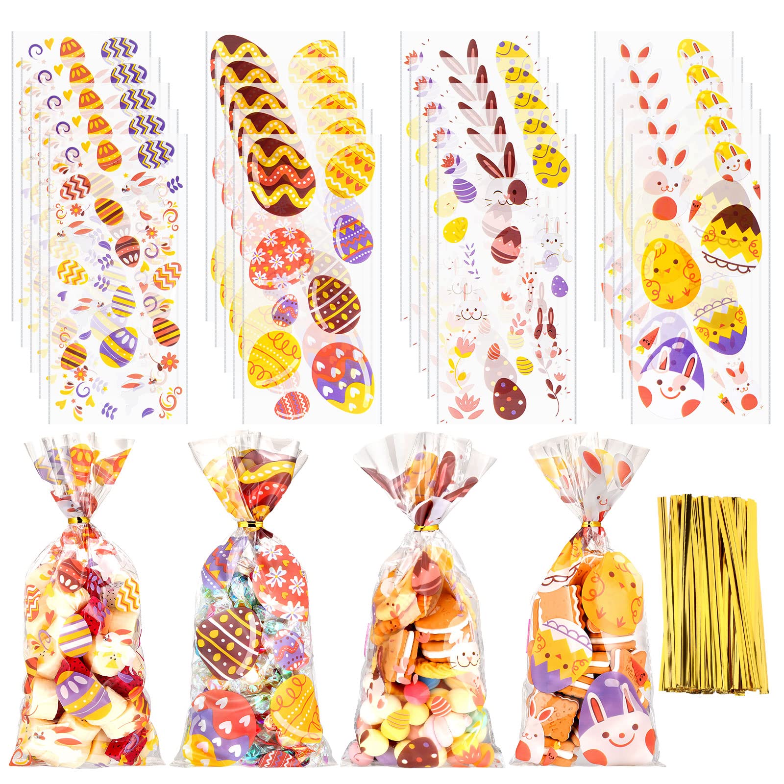 100 Pcs Clear Easter Cellophane Bags with Twist Ties - Bunny & Egg Printed Plastic Treat Bags for Candy, Cookies, Party Favors - Perfect for Easter Baskets, Gift Wrapping & Holiday Celebrations (4 Styles)