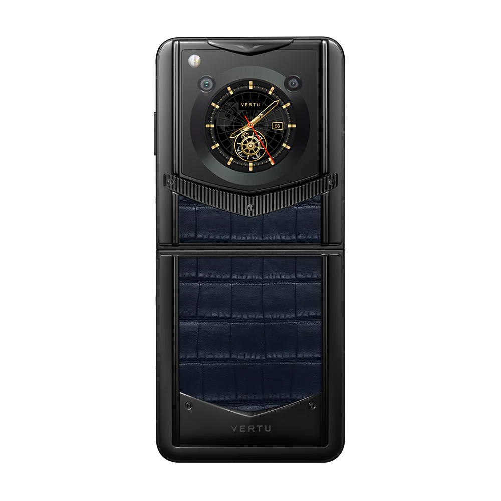 VERTU IRONFLIP Luxury Flip Phone with Rewards Program - BLC/BLS Navy Blue Alligator Leather - BES Secure Communication | Perfect for Business Executives & High-End Collectors