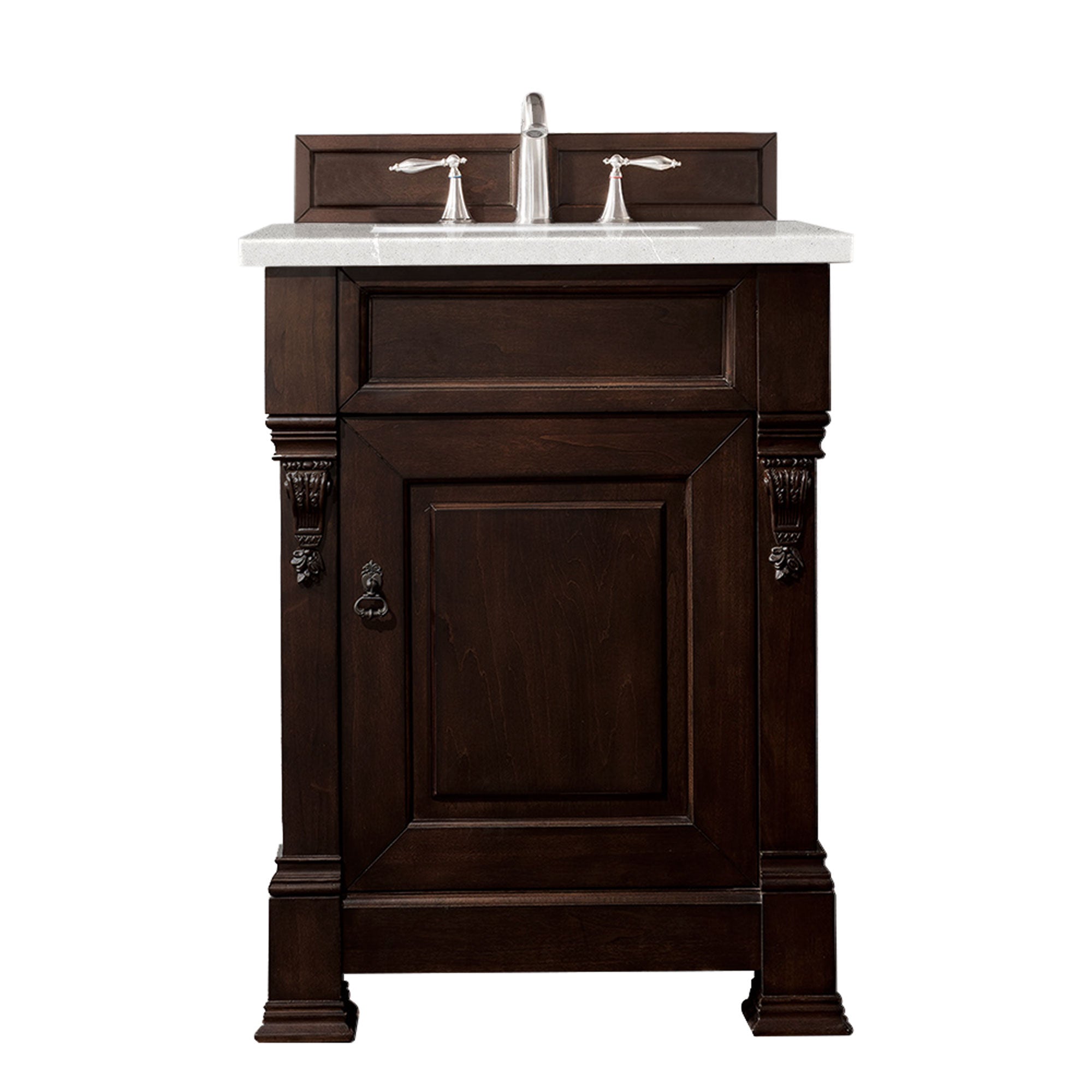 Brookfield 26 Inch Single Bathroom Vanity with Burnished Mahogany Base & 3CM Eternal Serena Quartz Countertop - Perfect for Small Bathrooms, Powder Rooms & Home Renovations