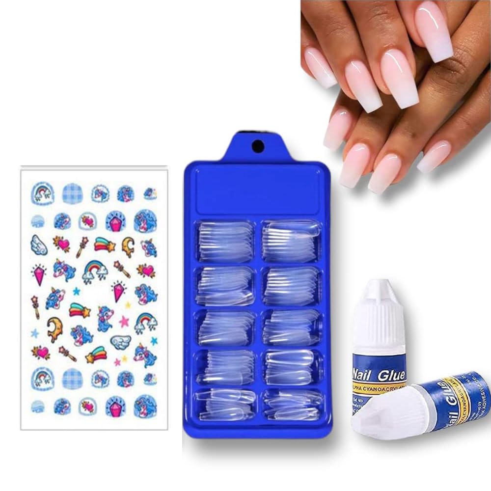 100 Pieces Clear Acrylic False Nails Kit - 10 Sizes Fake Nail Tips with Strong Nail Glue for Manicure & Nail Art | Perfect for Salon, Home Use, Parties and Special Occasions