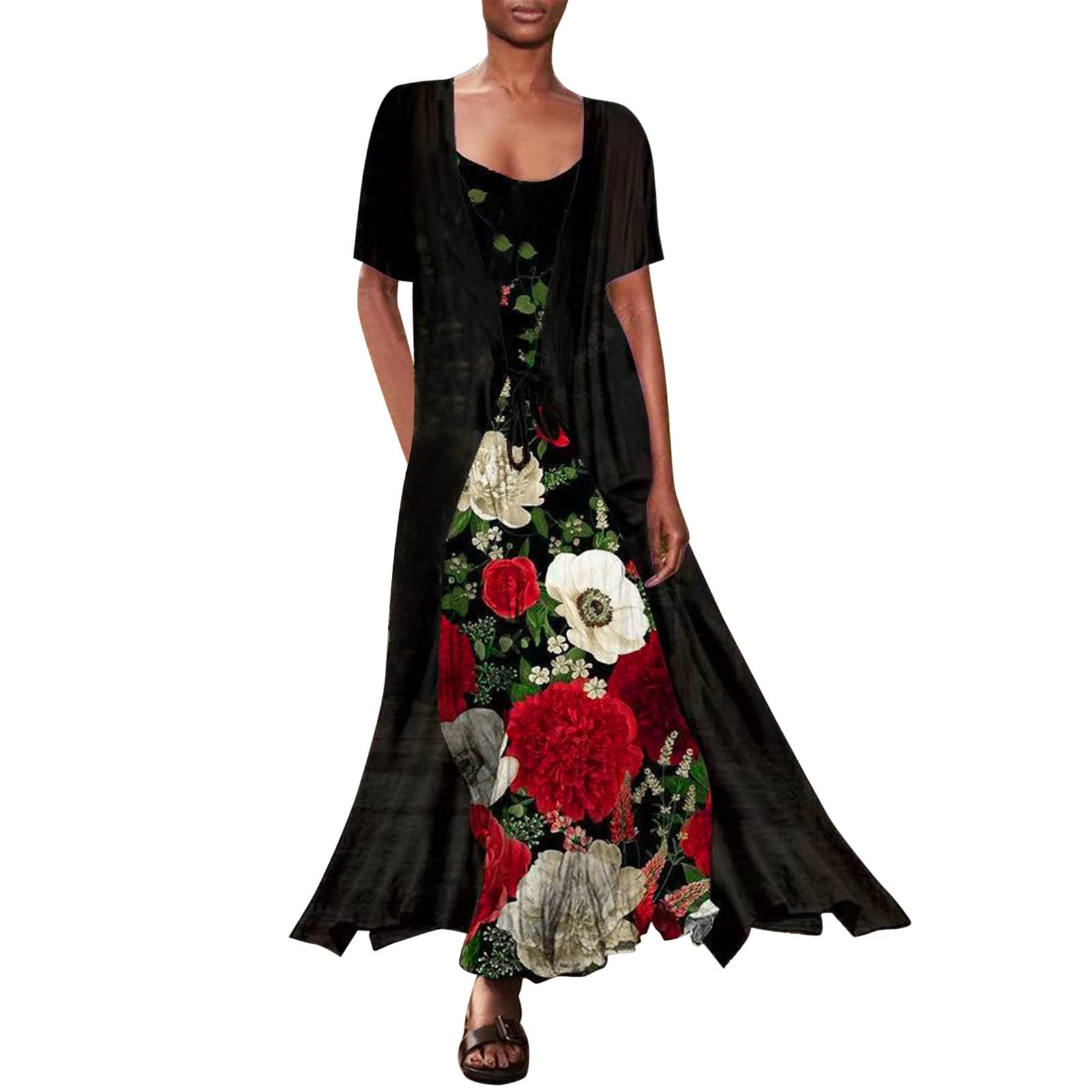 Women's Summer Sun Dresses 2023 - Casual Floral Print Sling Dress with Round Neck & Belt | Short Sleeve Tulle Cardigan 2-Piece Set | Perfect for Beach Vacations, Garden Parties & Summer Outings (Black, XXXXL)