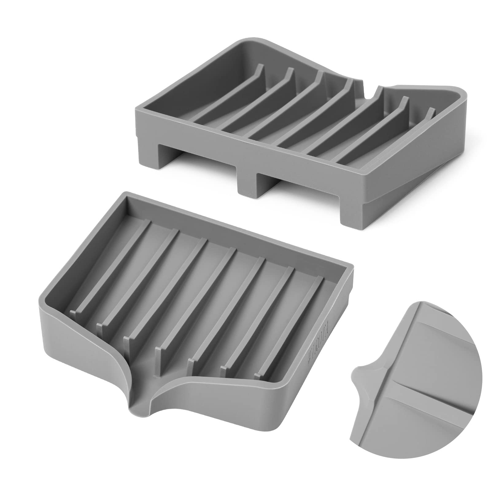 2 Pack Self Draining Soap Dish with Anti-Slip Design, Silicone Bar Soap Holder for Shower & Bathroom - Waterfall Drain, Sponge Tray for Kitchen Sink - Perfect for Bath, Shower, Kitchen & Travel Accessories (Gray)