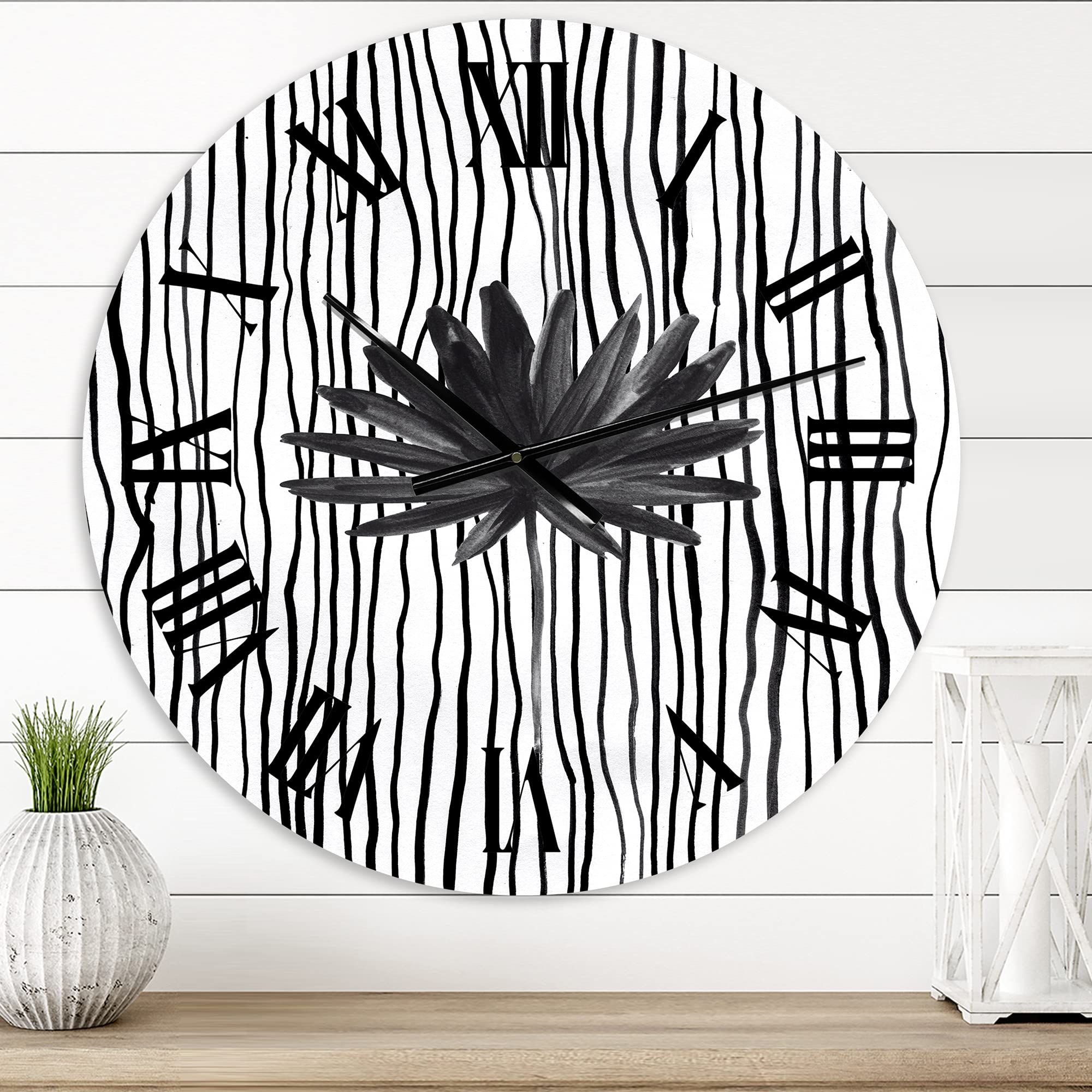 DesignQ Modern Geometric Wall Clock - Black & White Tropical Leaf on Striped Pattern, Large Kitchen Wall Decor for Home, Office & Living Room