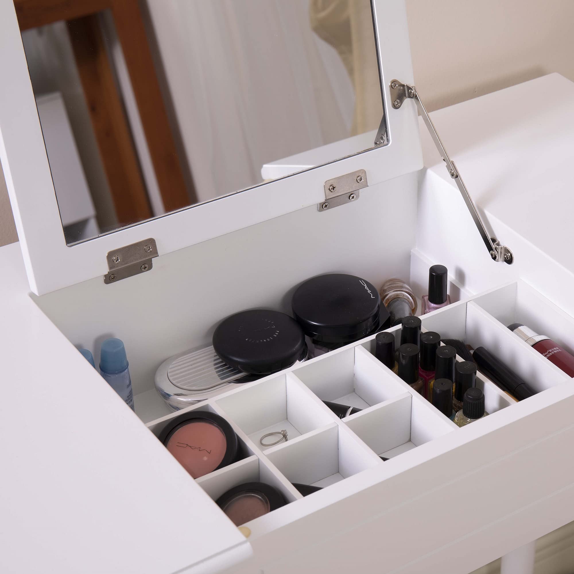 White Wooden Vanity Makeup Table with Flip Top Mirror - Dressing Desk, Writing Desk & Computer Table for Bedroom, Home Office & Beauty Station