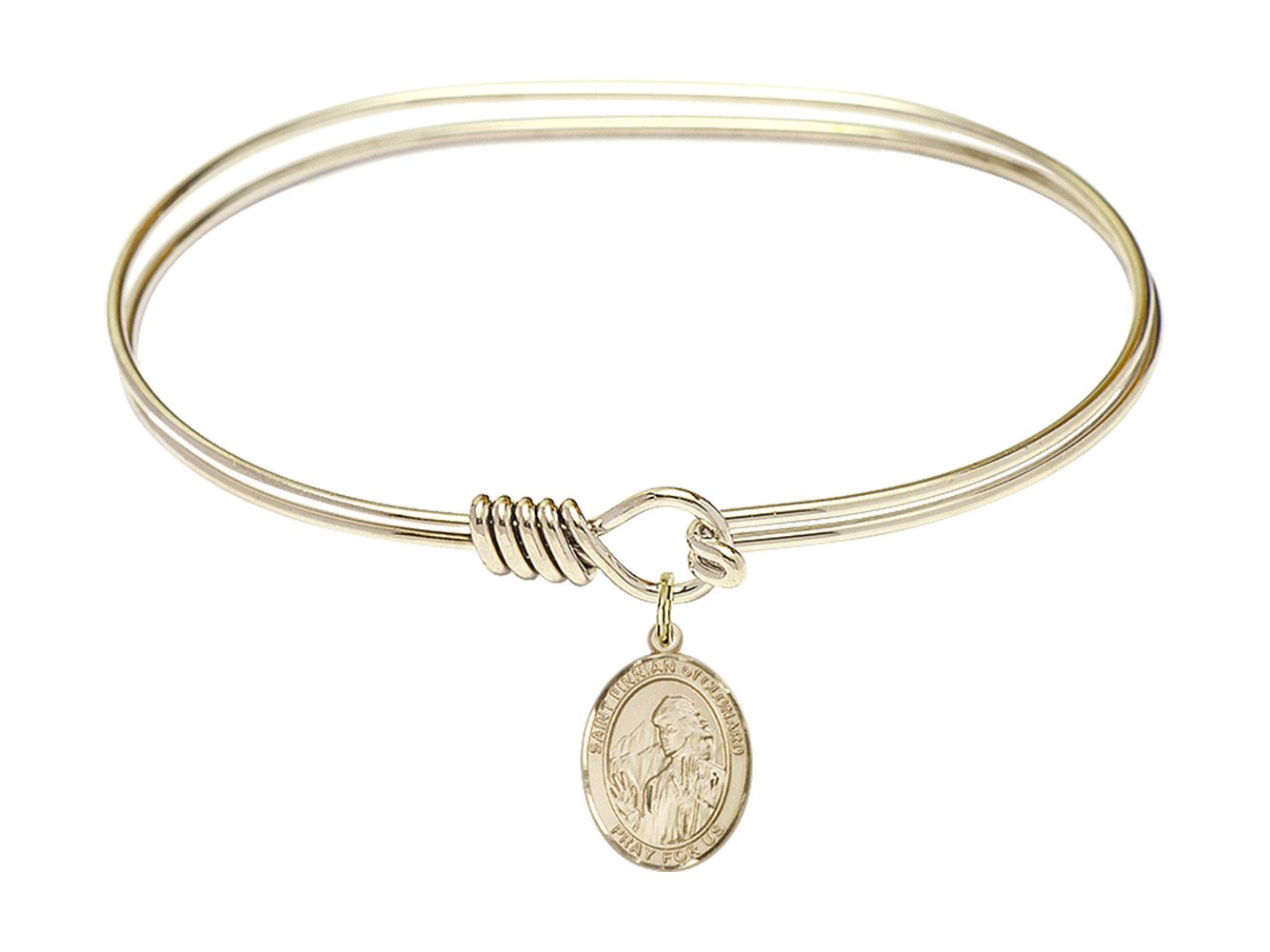 F A Dumont 7 Inch Oval Eye Hook Bangle Bracelet with St. Finnian of Clonard Charm - Elegant Religious Jewelry for Women, Gift for Baptism, First Communion & Spiritual Occasions