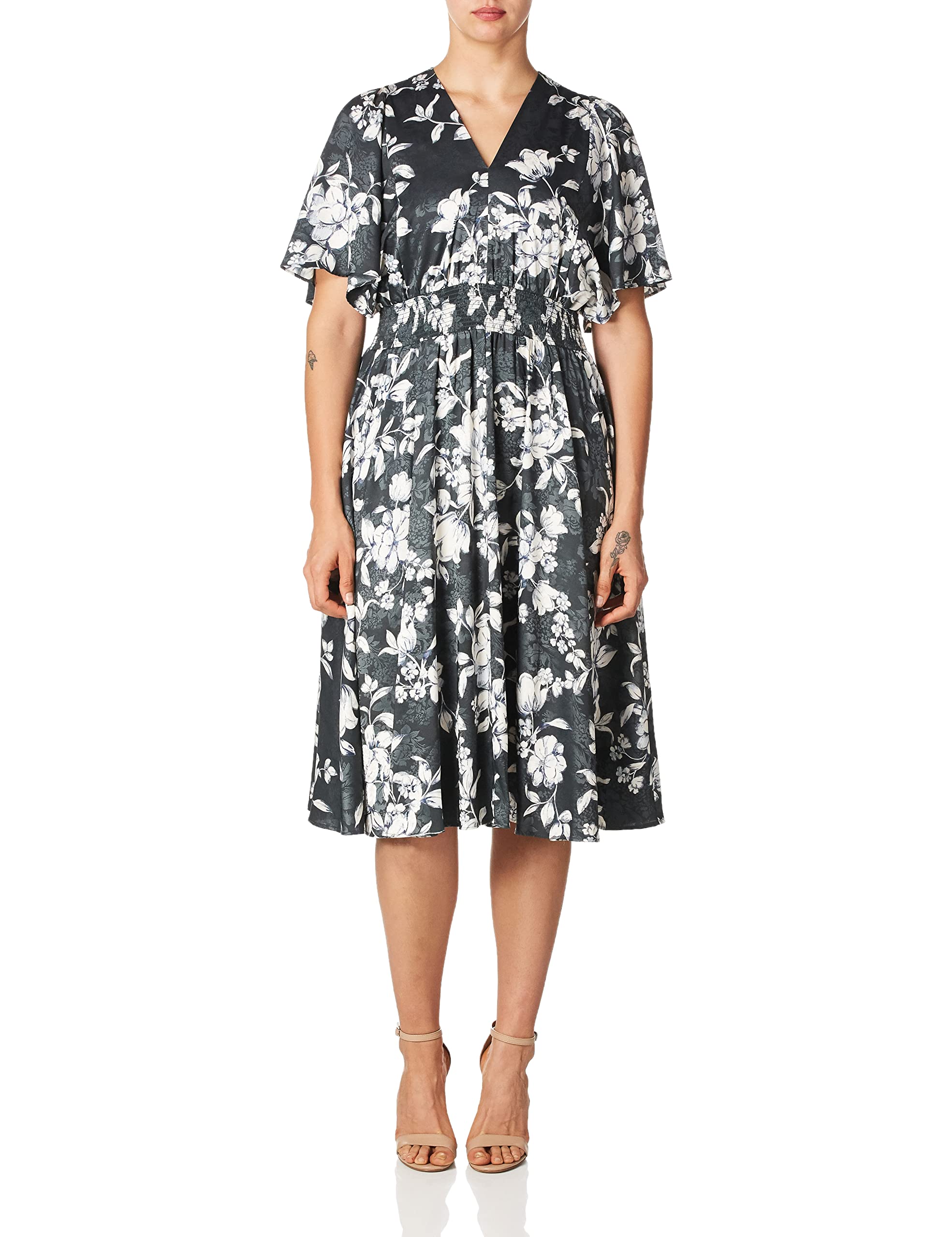 Calvin Klein Women's Short Sleeve Midi Dress with Smocked Waist - Casual Summer Dress for Women, Flowy Smocked Waist Midi Dress for Beach, Party & Everyday Wear