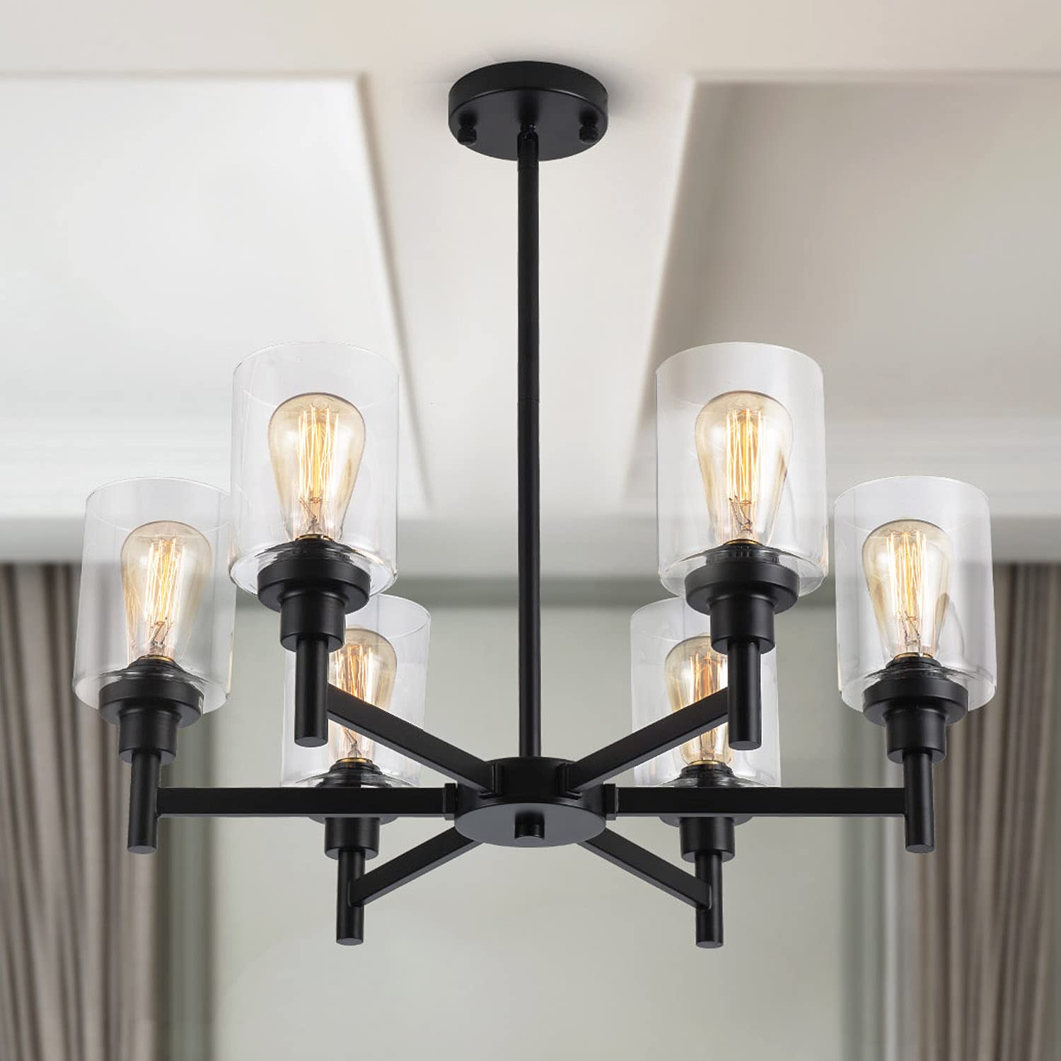 Black 6-Light Farmhouse Chandelier - Industrial Hanging Light Fixture with Clear Glass Shade for Dining Room, Kitchen Island, Living Room, Entryway, Bathroom & Bedroom | Perfect for Rustic Home Decor and Modern Farmhouse Lighting