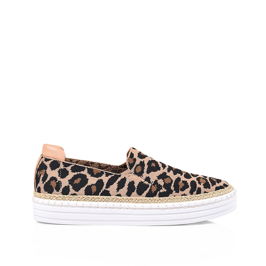 Women's Nude Leopard Print Knit Slip-On Sneakers - Comfortable Casual Shoes for Walking, Travel & Everyday Wear