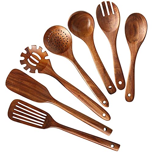 Natural Teak Wooden Kitchen Utensils Set - 7pc Cooking Spoons & Spatulas for Baking & Serving