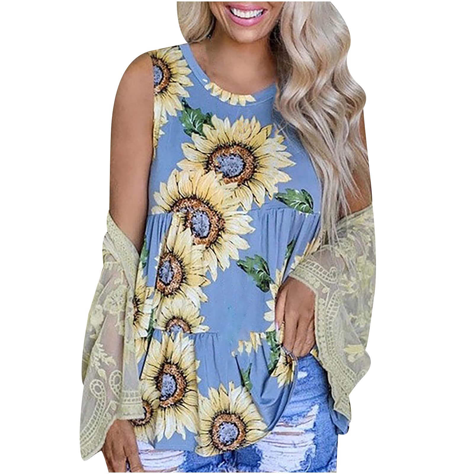Sexy Sunflower Print Plus Size Women's Summer Tank Tops - Loose Fitting Cute Floral T-Shirts for Casual Wear, Beach & Vacation Outfits