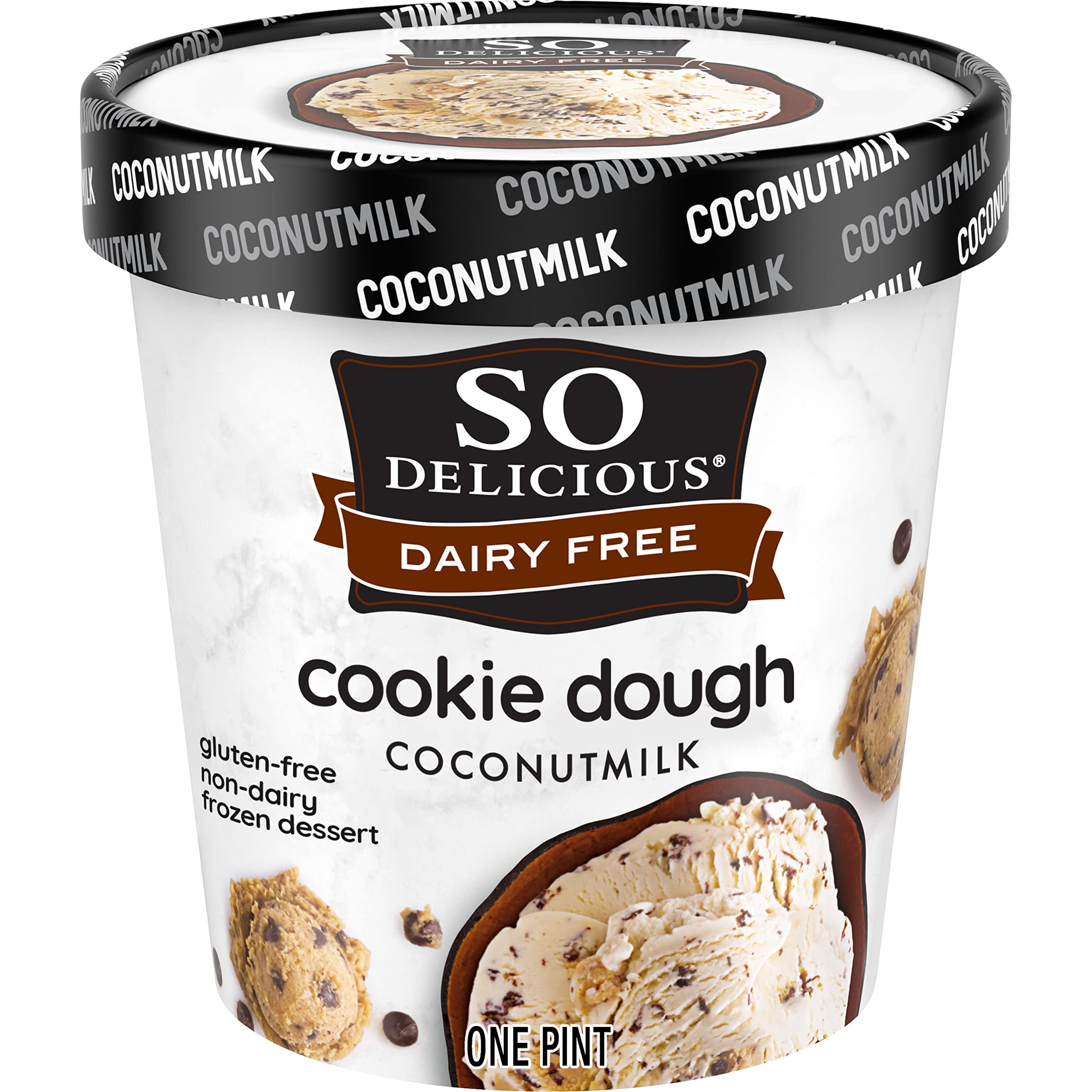 So Delicious Dairy Free Coconutmilk Frozen Dessert - Vegan Cookie Dough Flavor, Non-GMO Project Verified, 1 Pint - Perfect for Vegan Desserts, Lactose-Free Treats & Healthy Snacking