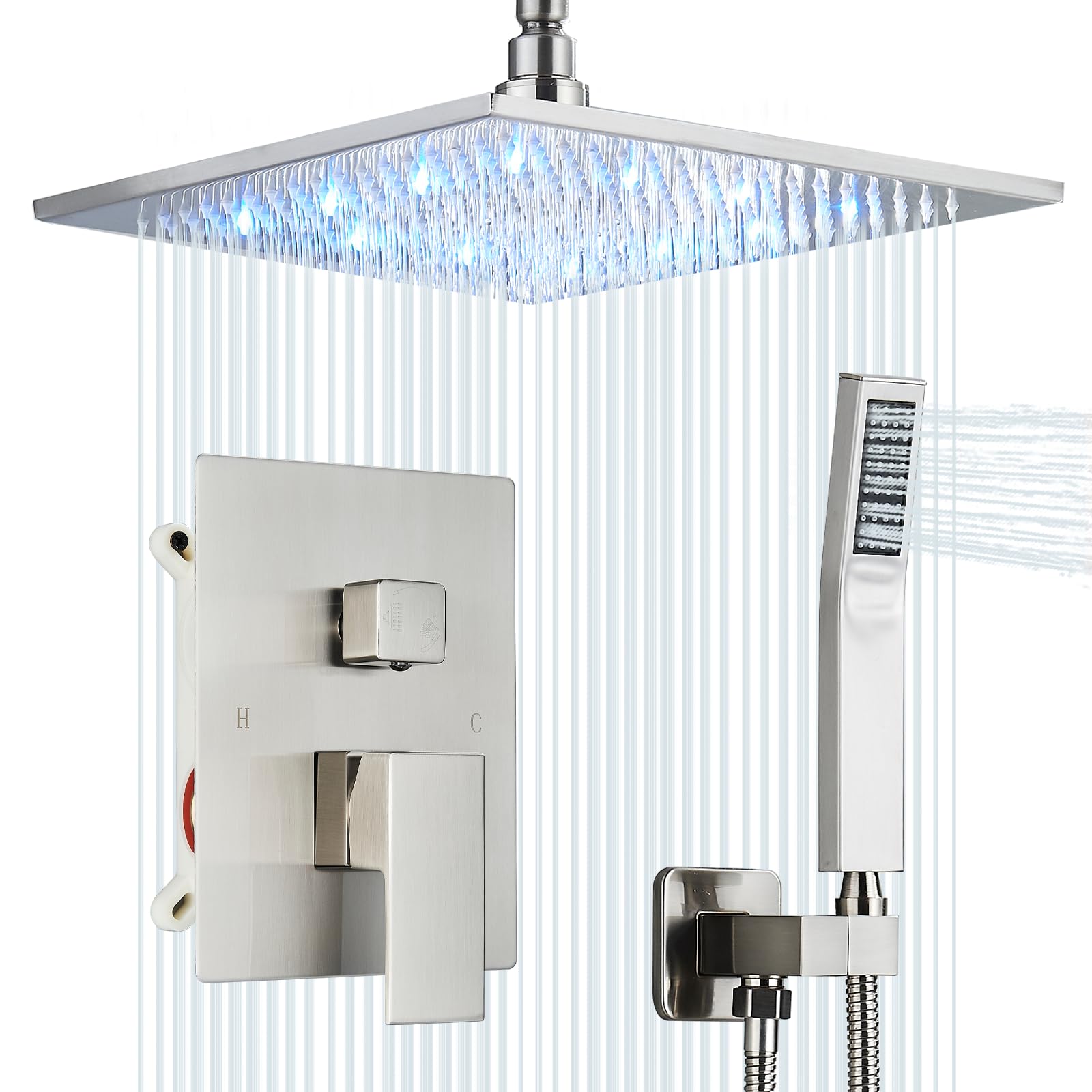 12 Inch LED Square Showerhead with Handheld Spray - SUS304 Stainless Steel Shower Faucet Set - Brushed Nickel Finish - Perfect for Modern Bathroom Renovations & Spa-Like Shower Experience