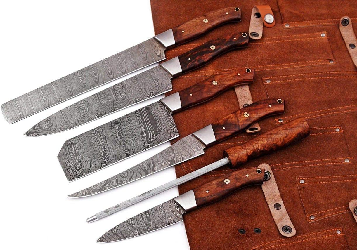 Premium Damascus Steel 6-Piece Professional Kitchen Knife Set with Leather Roll - Handcrafted Utility Knives for Chefs, Home Cooks & Culinary Enthusiasts - Perfect for Slicing, Dicing & Food Prep