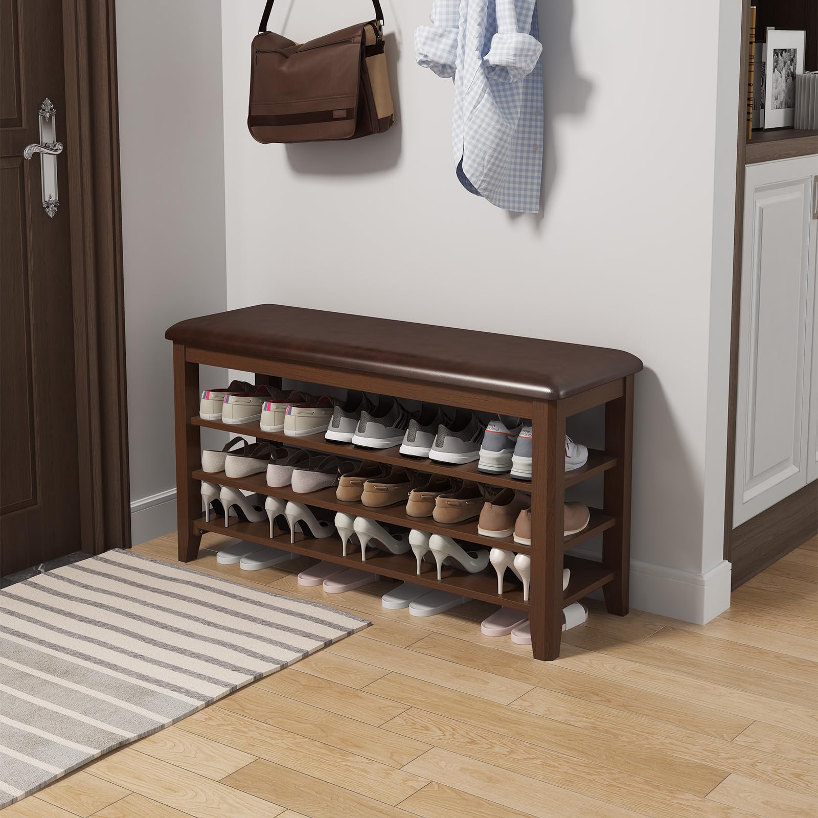 3-Tier Adjustable Height Shoe Storage Bench with Leather Cushion - Walnut Wood Entryway Bench for Hallway, Mudroom & Living Room - Perfect for Organizing Shoes, Hats & Bags in Small Spaces