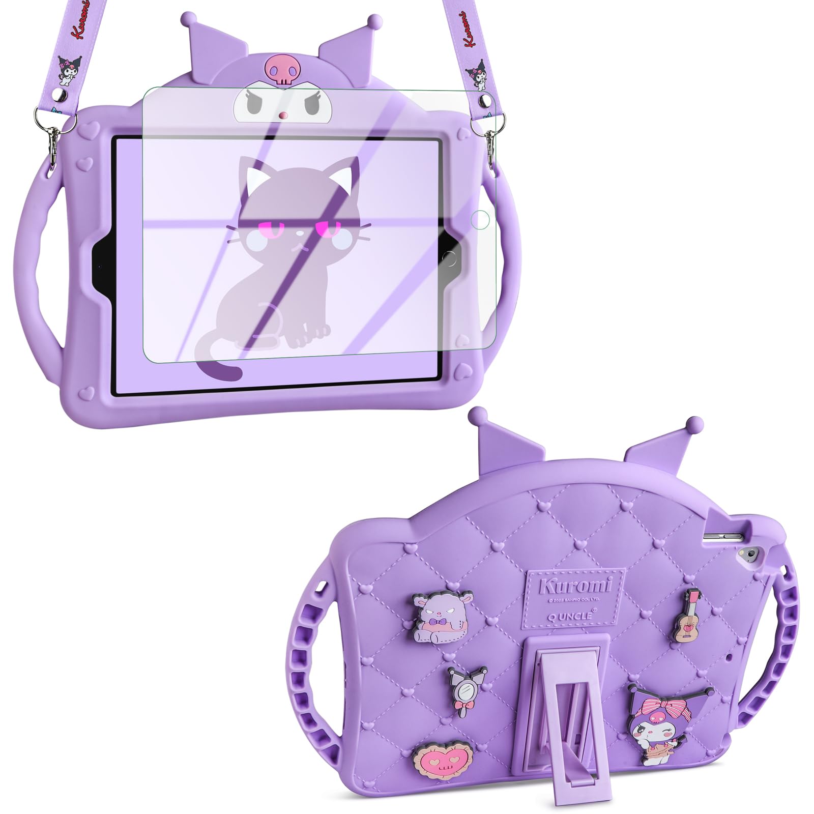 VOFUOE Shockproof Kids iPad Case for iPad 6th/5th Generation, iPad 9.7 (2018/2017), iPad Pro 2016 & iPad Air 2 - Cartoon Silicone Cover with Screen Protector, Shoulder Strap & Handle (Purple) | Perfect for School, Travel & Playtime