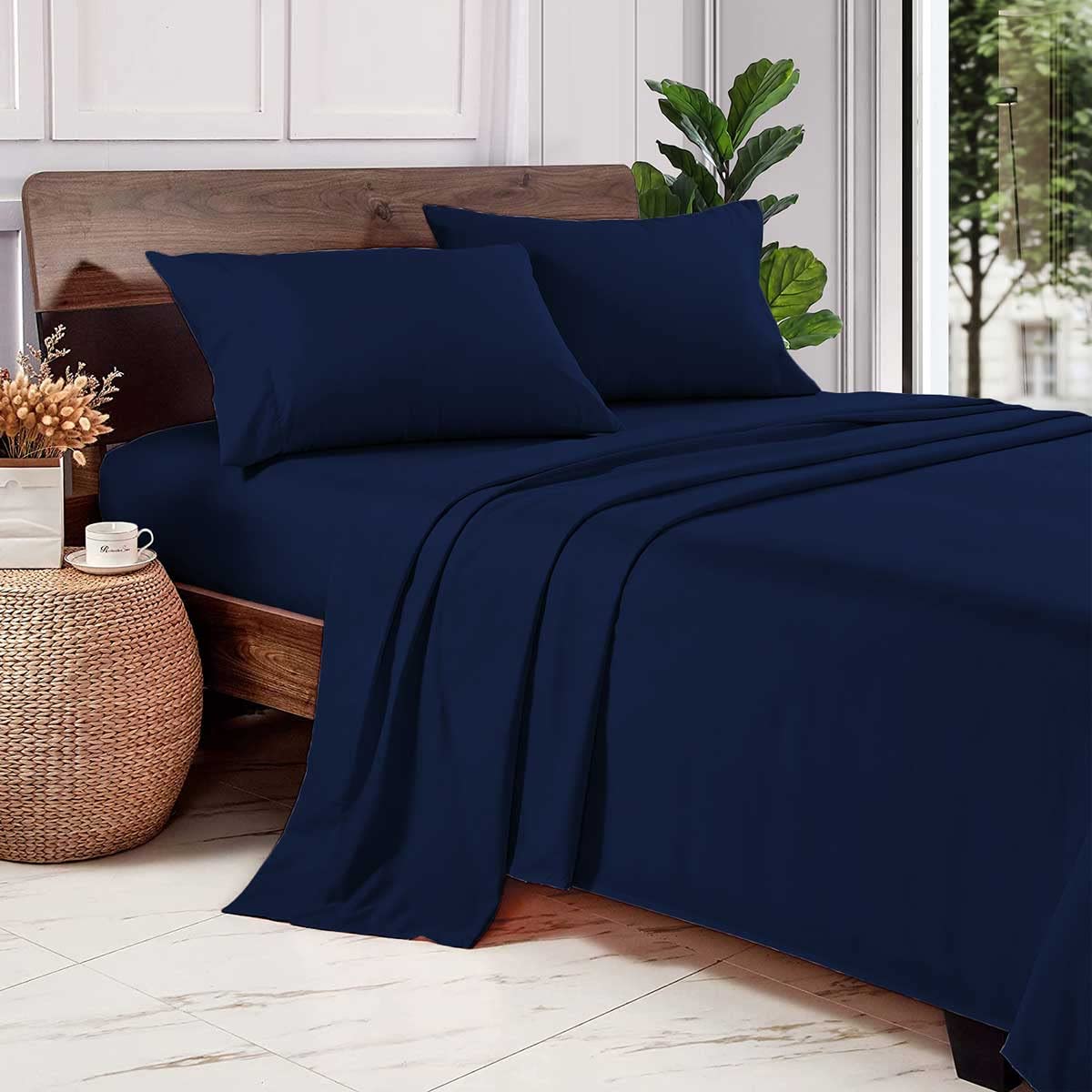 Premium 600 Thread Count 100% Egyptian Cotton Sheet Set - Ultra Soft Sateen Weave 4-Piece Bedding (King Size, Navy Blue) with 15