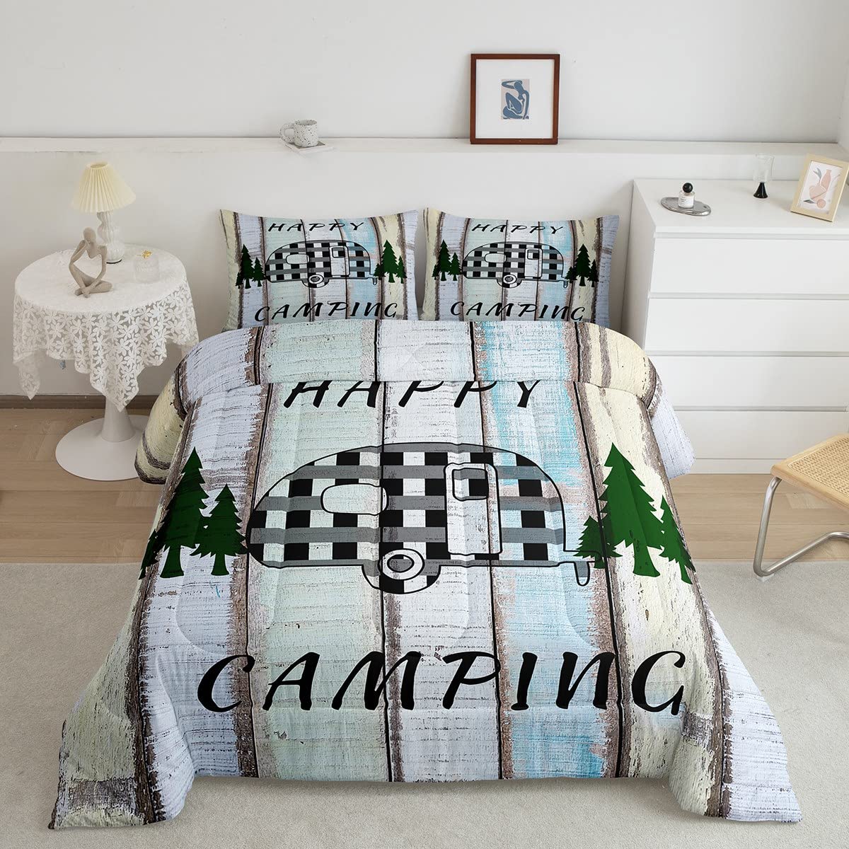 Happy Camping Comforter Set - Queen Size for RV & Farmhouse Decor | Kids Bedroom & Trailers