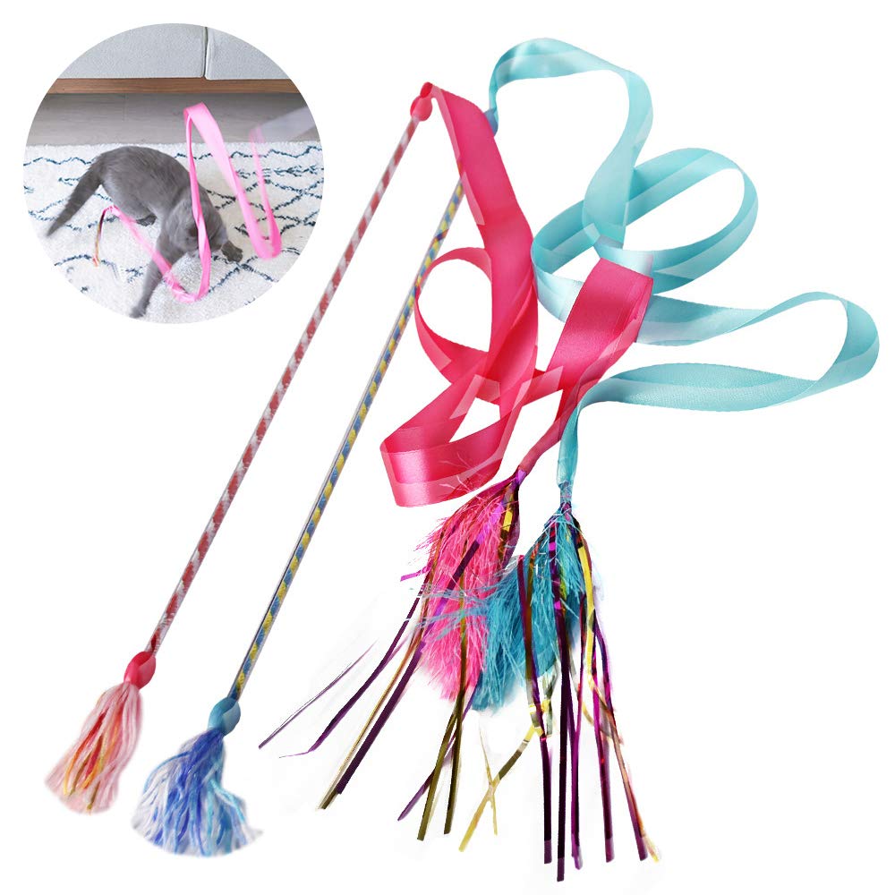 Interactive Cat Wand Toy with Ribbon & Yarn - Teaser Exercise Play Toy for Indoor Cats - Fun Playtime & Training for Kittens (Pink) - Perfect for Bonding & Active Play at Home