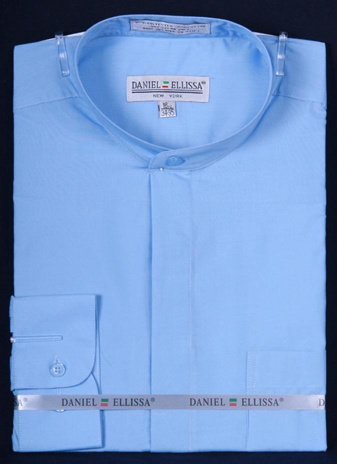 Men's Light Blue Banded Collar Dress Shirt - Formal Business Attire for Office, Wedding & Special Occasions