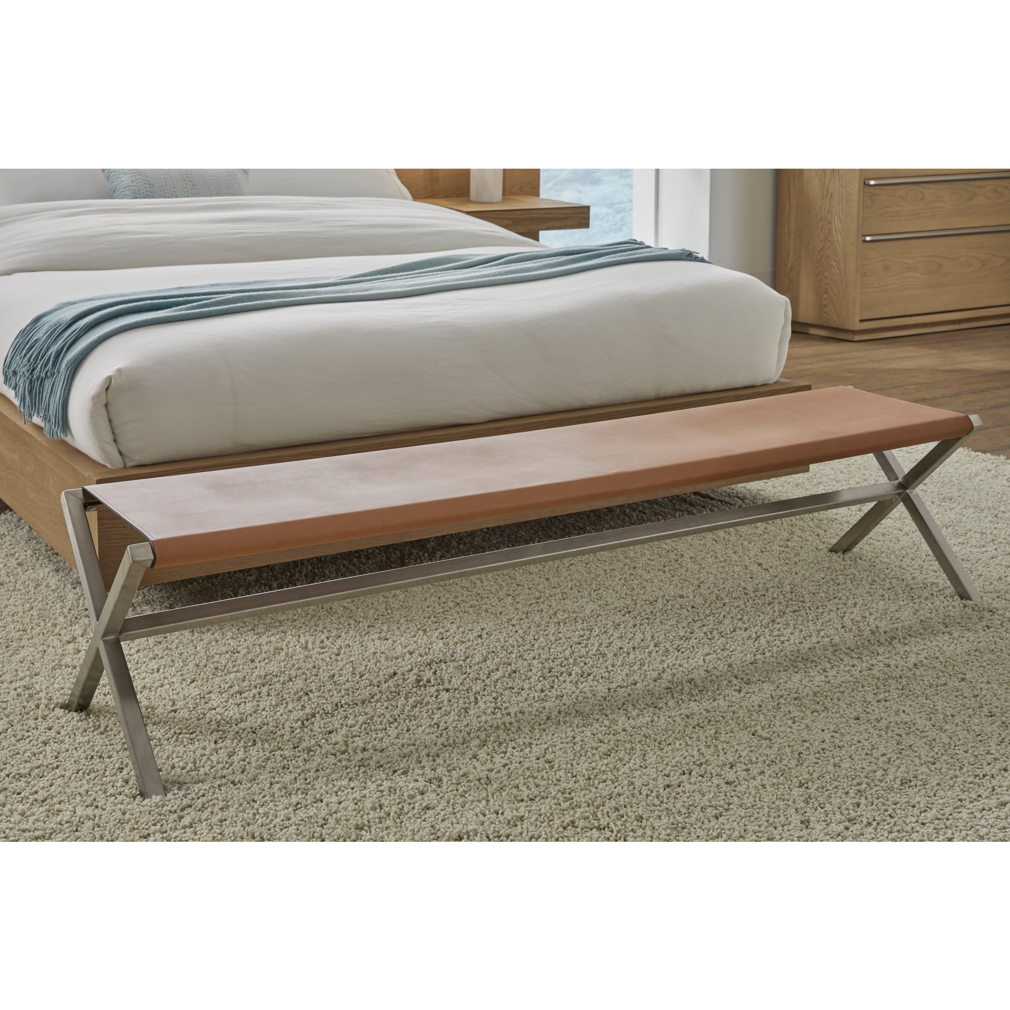 Modern Coastal Director's Style Leather Dining Bench in Cognac with Brushed Stainless Steel - Perfect for Beach House, Farmhouse, or Contemporary Dining Room Decor