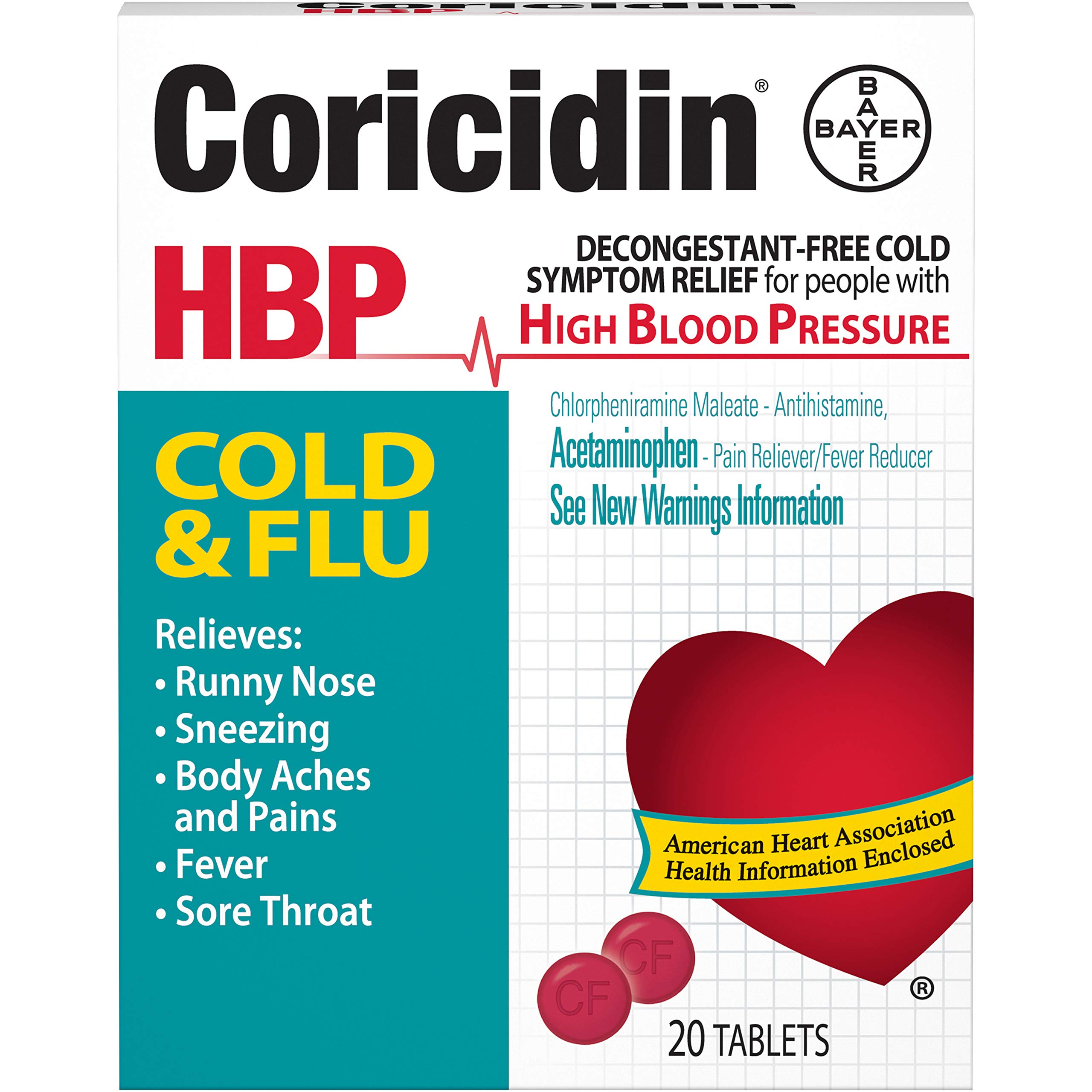 Coricidin HBP Cold & Flu Relief Tablets for High Blood Pressure - 20 Count (Pack of 12) - Safe Medicine for Cough, Fever & Congestion - Ideal for Home & Travel First Aid Kits