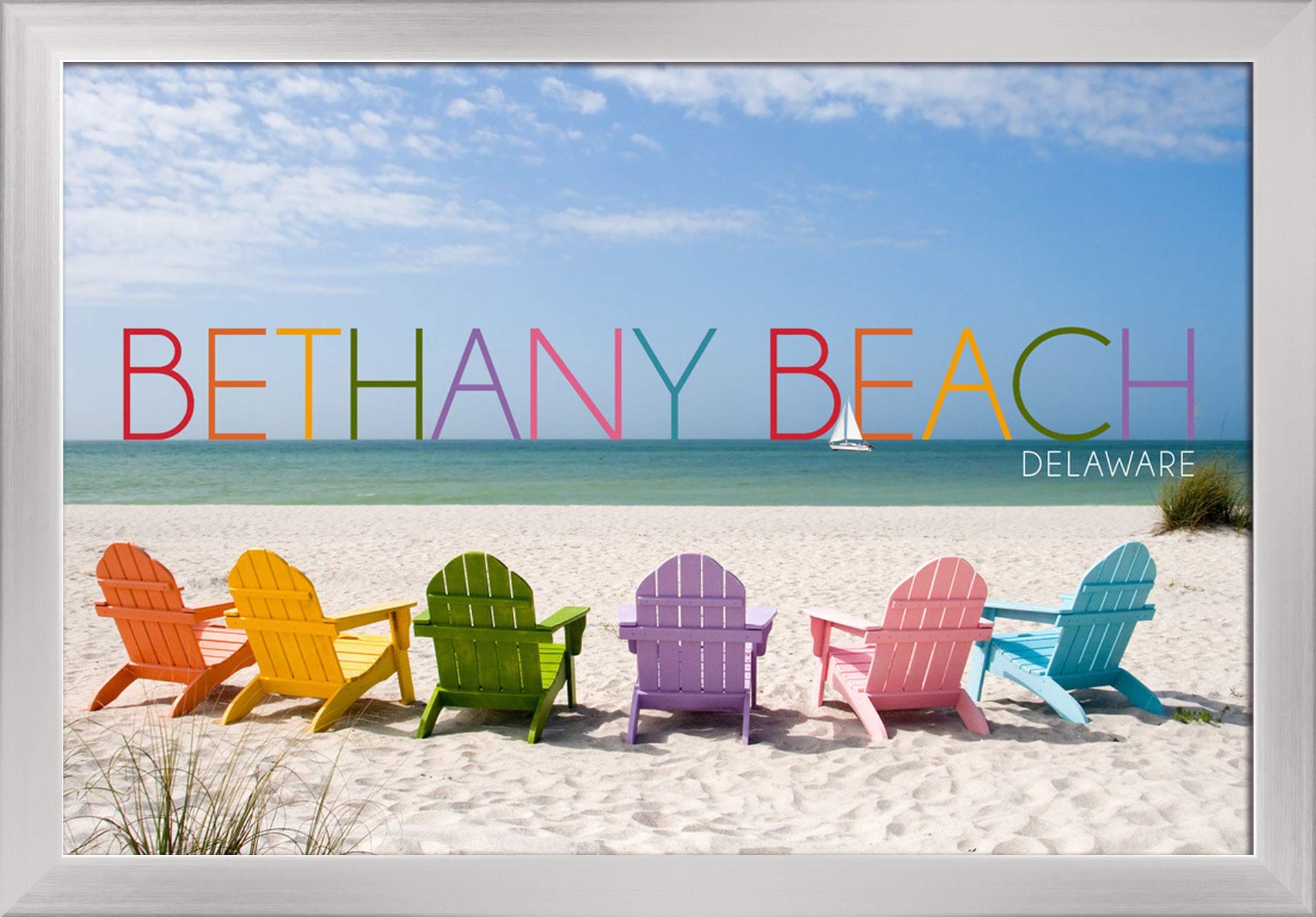 Bethany Beach Delaware Colorful Beach Chairs - 16x24 Giclee Fine Art Print with Recycled Wood Frame in Silver | Coastal Home Decor, Living Room Wall Art, Beach House Gift Idea