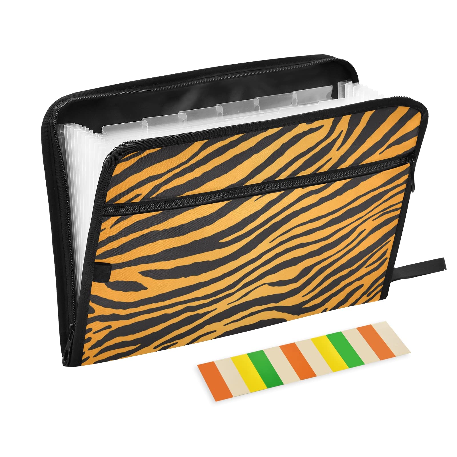 KFBE Tiger Pattern Expanding File Folder - 13 Pocket Accordion Organizer with Sticky Labels & Zipper Closure for Letter/A4 Paper Documents | Office, School, Home Organization Supplies (20800149)
