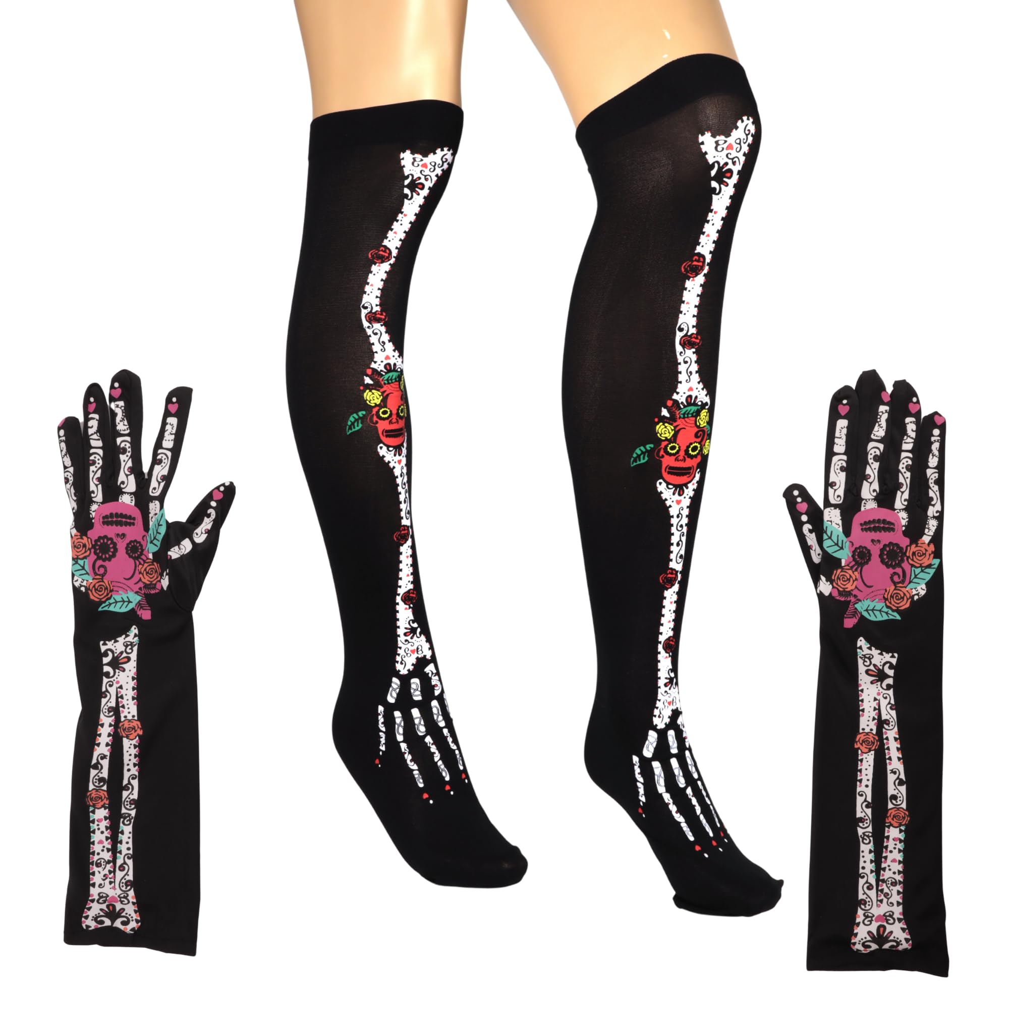 Needzo Women's Sugar Skull Leggings & Gloves Set - Halloween Day of the Dead Costume Accessories - One Size Fits Most - Perfect for Halloween Parties, Cosplay & Themed Events