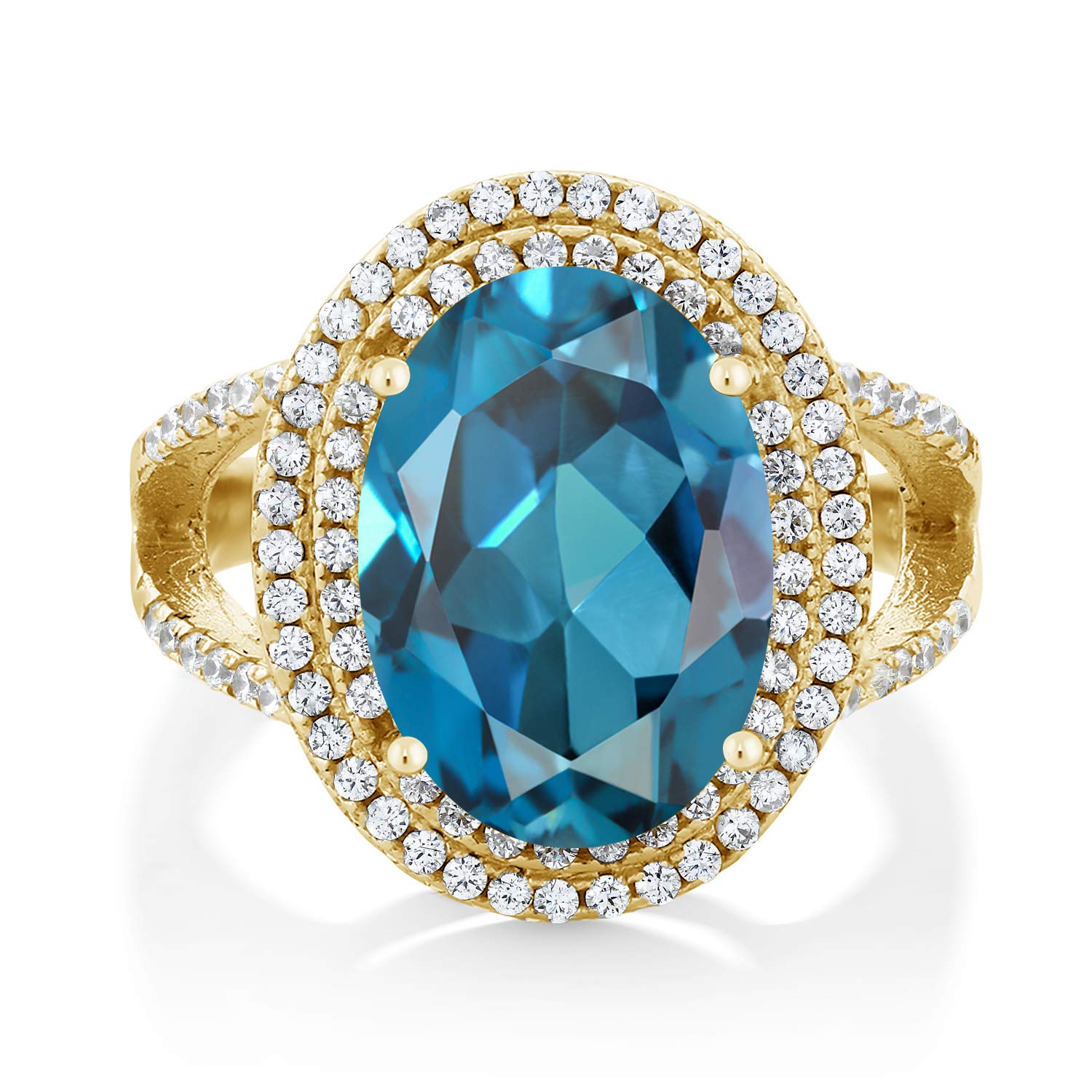 7.94 Ct Oval London Blue Topaz Silver Ring - 18K Yellow Gold Plated - Gem Stone King - Elegant Jewelry for Women, Perfect for Engagement, Wedding & Anniversary Gifts