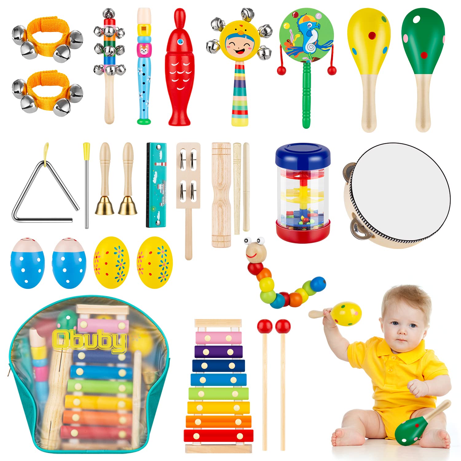 Obuby Wooden Percussion Musical Instruments Set for Toddlers & Kids - Preschool Educational Toy with Storage Bag | Perfect for Early Childhood Development, Music Play & Classroom Activities