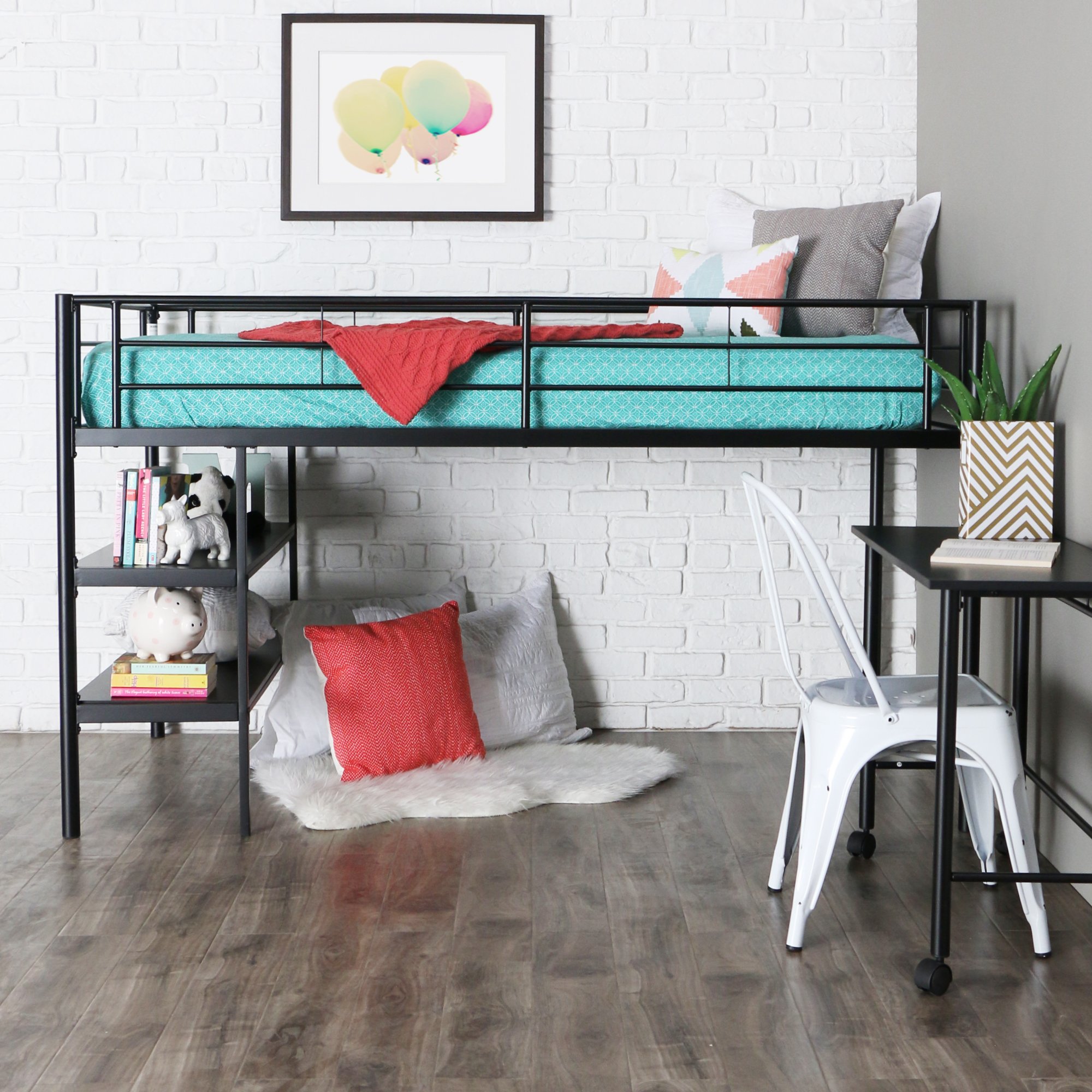 Walker Edison Metal Black Twin Low Loft Bunk Bed with Storage & Guard Rail - Space-Saving Floating Bed Frame for Kids Bedroom, Dorm Room or Small Spaces