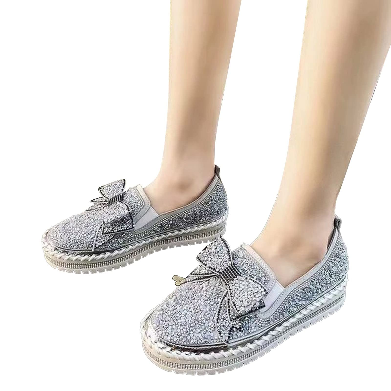 Chunky Platform Loafers for Women - Rhinestone Decorated Bowknot Sneakers | Shiny Canvas Shoes for Casual Wear, Office & Party Outfits