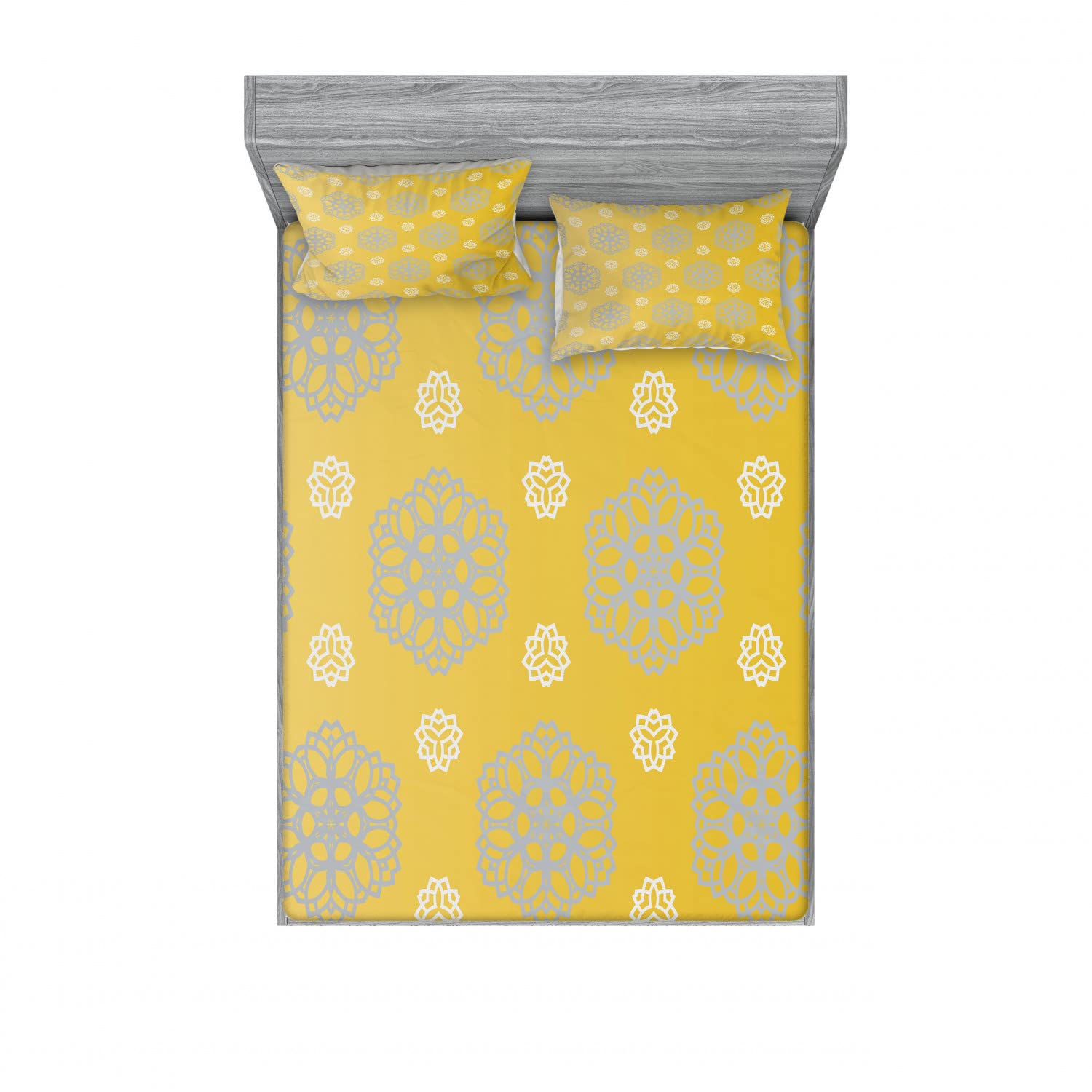 Ambesonne 2-Pack Bohemian Floral Queen Size Fitted Sheet Set with 4 Pillow Shams - Yellow Blue Grey Marigold Pattern, Soft Bedding Collection for Guest Room, Vacation Home & Dorm Decor