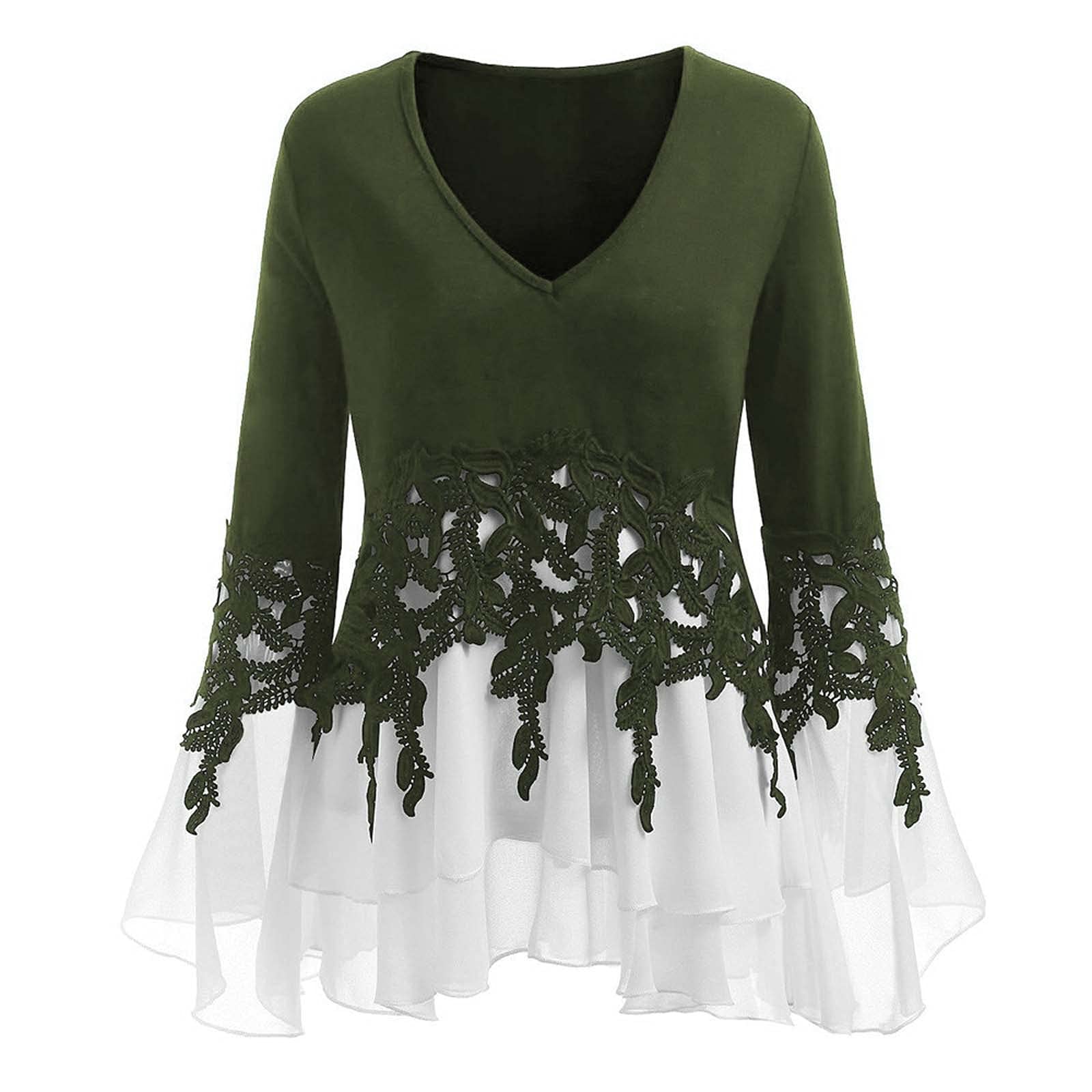 Elegant Chiffon Blouse for Women - Long Sleeve V-Neck Flowy Tunic Top with Ruffle & Applique Details | Perfect for Casual Outings, Date Nights & Office Wear