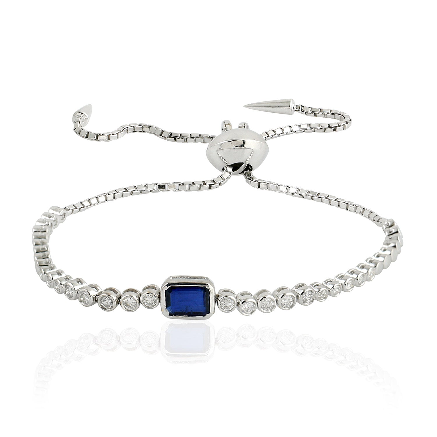 Blue Sapphire and Diamond Bezel Set Bracelet in White Gold - Flexible & Fixed Design for Elegant Occasions and Daily Wear