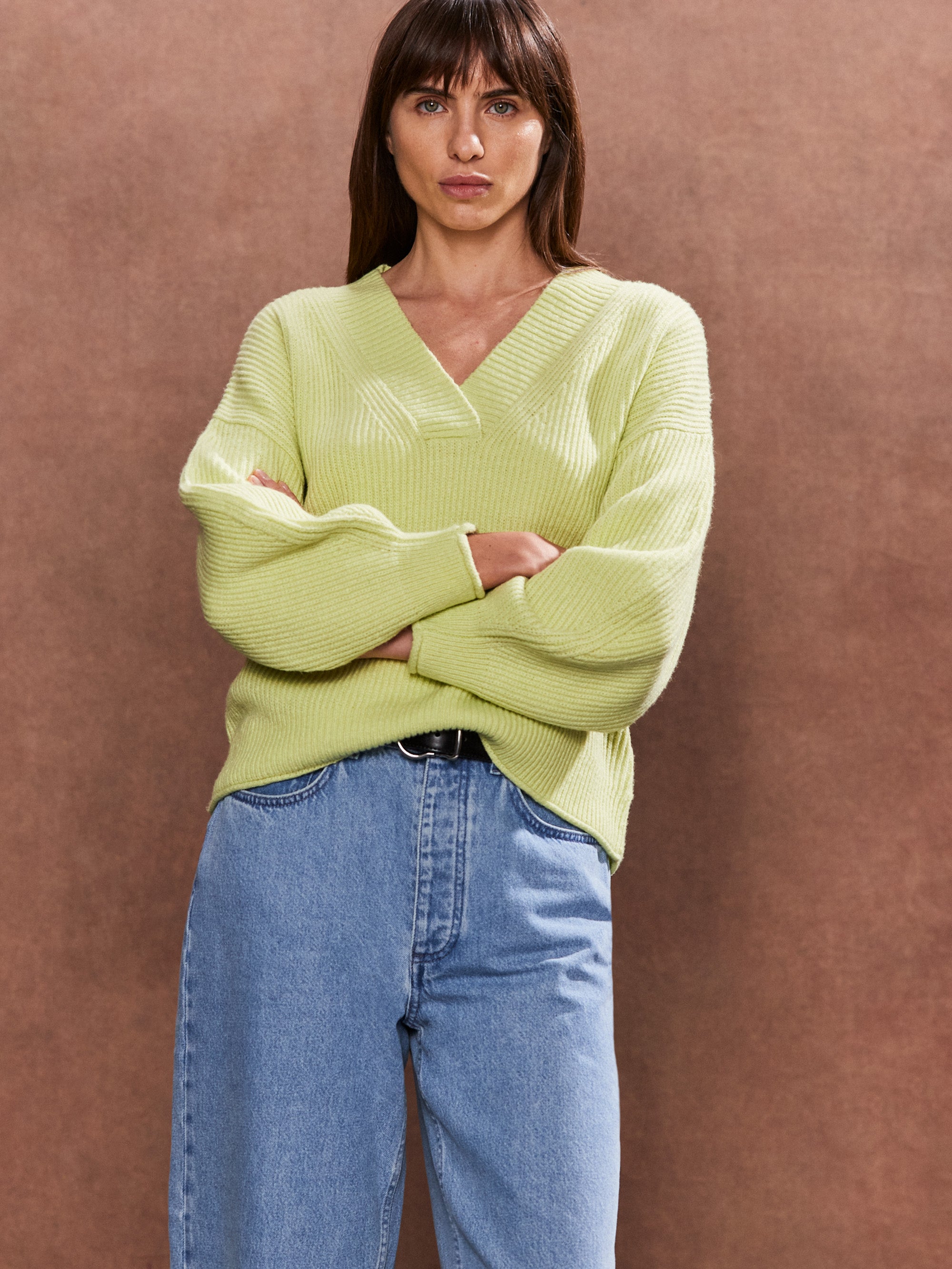 Lime Green V-Neck Ribbed Knit Sweater for Women - Cozy Casual Pullover for Fall & Winter Outfits