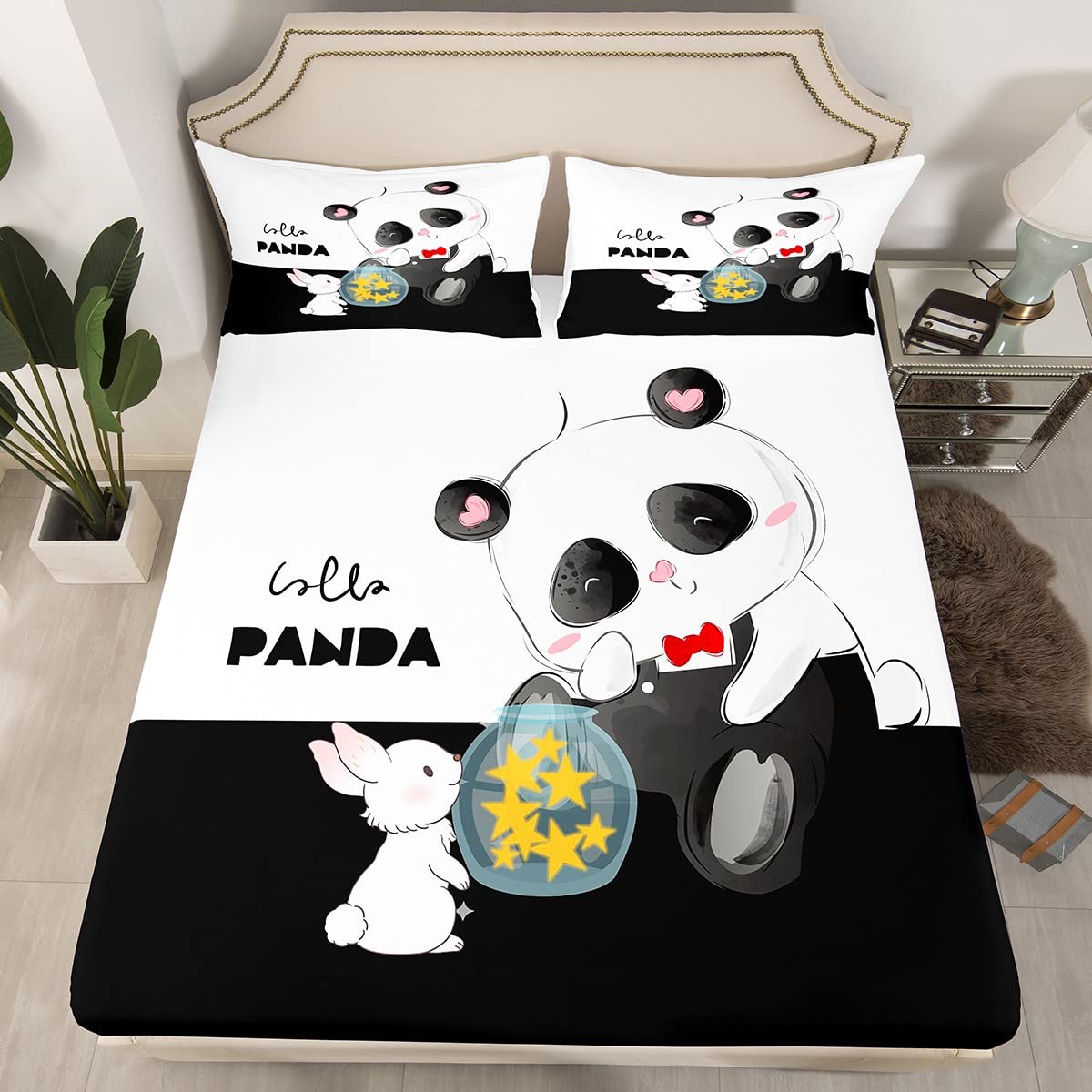 Cute Panda Bedding Sheet Set for Kids - Full Size 3-Piece Animal Print Fitted Sheet with Panda Bear Design - Soft Black & White Cartoon Pattern Bed Sheets for Boys & Girls - Perfect for Nursery, Kids Room Decor and Cozy Sleep Time