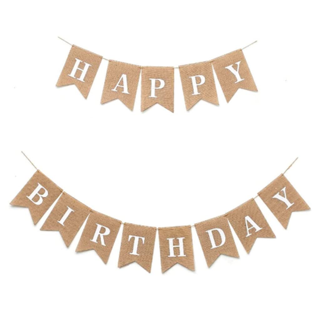 Happy Birthday Burlap Garland with Text - White Decorative Banner for Birthday Parties, Baby Showers & Home Decor