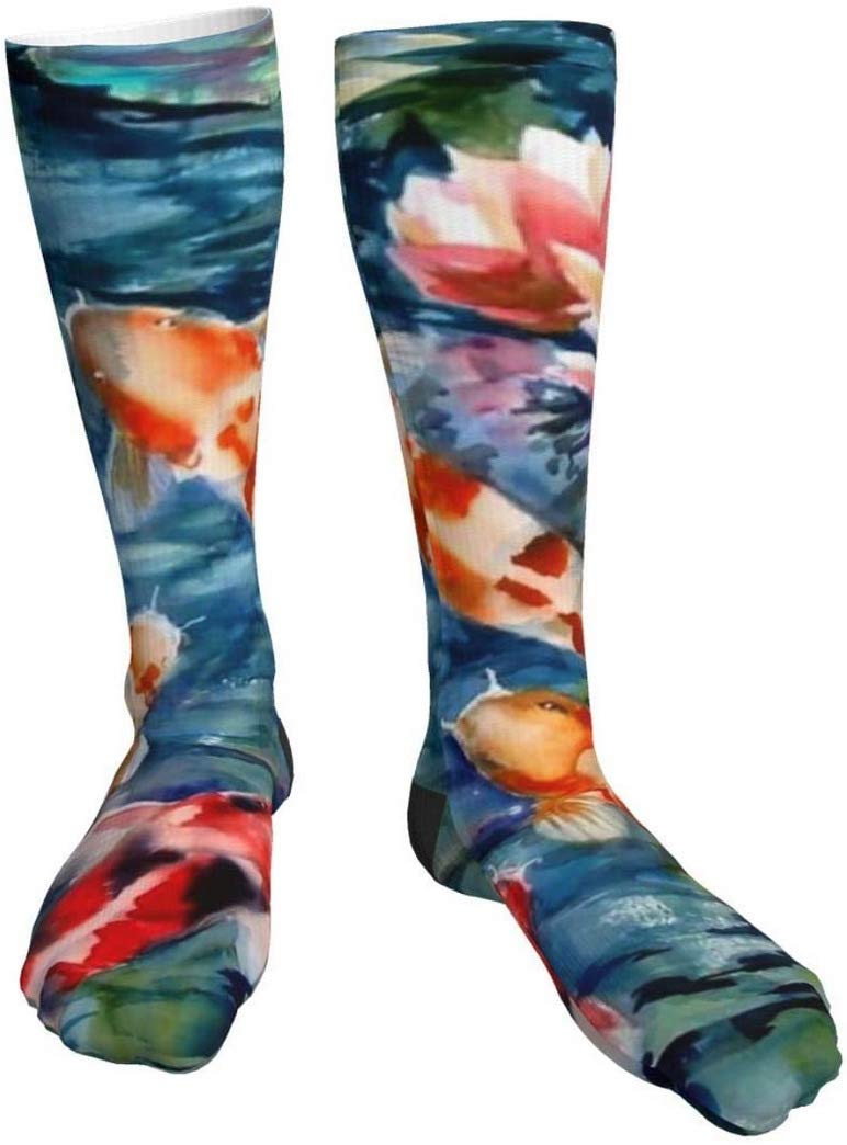 Yellow Leaf Compression Socks for Women & Men - Crazy Patterned Fun Printed Over The Calf Cotton Socks - Perfect for Running, Travel & Varicose Vein Relief