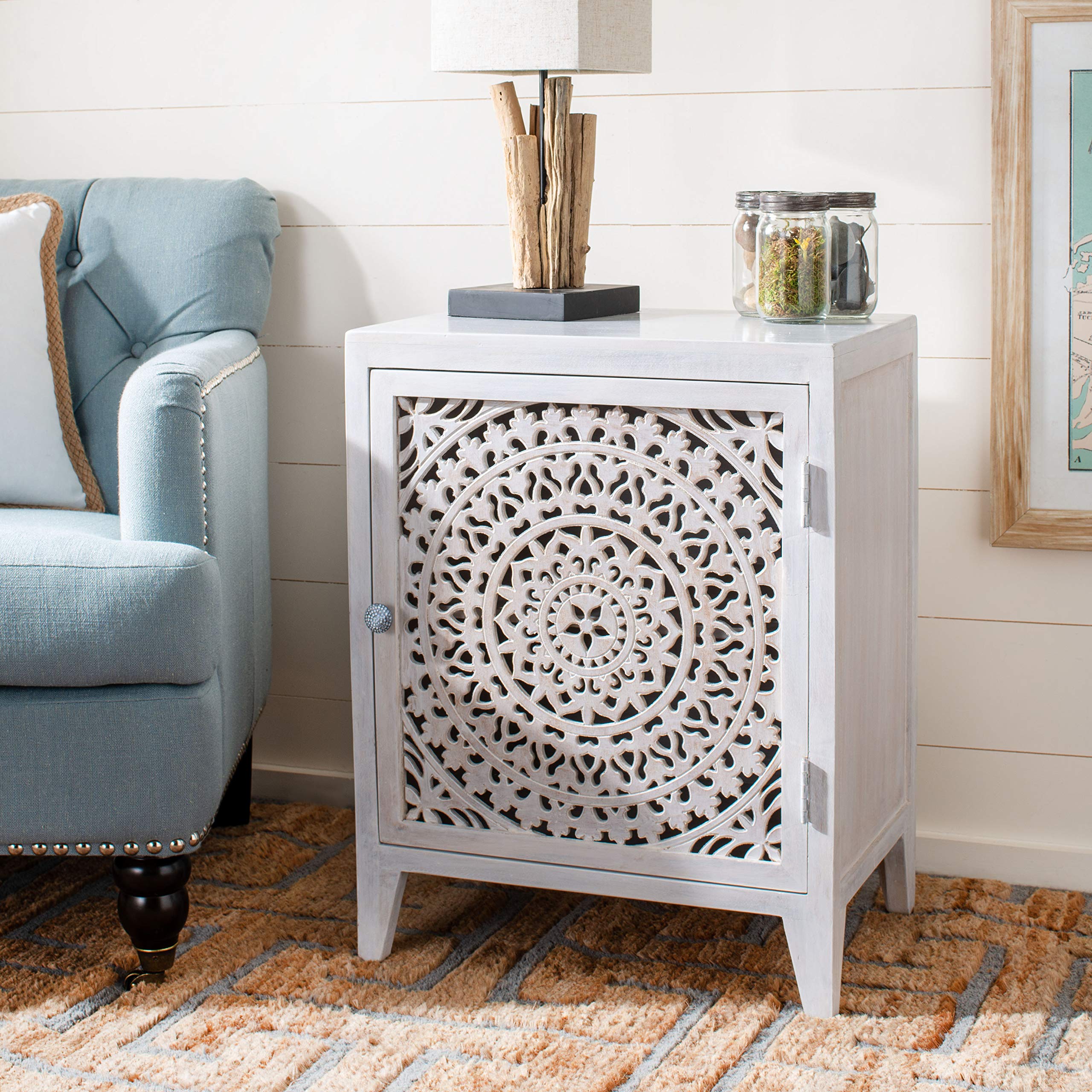 Safavieh Home Thea White Washed 1-Door Carved Wood Nightstand - Perfect for Bedroom, Living Room & Guest Room Furniture
