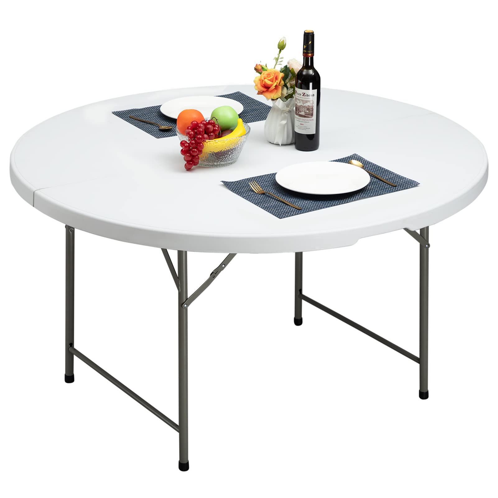 ALIMORDEN 4.4ft Round Folding Picnic Table - 53 Inch Portable Plastic Outdoor Dining Table for Camping, Parties & Events | Heavy Duty Commercial Trestle Table for Weddings, Garden, Patio & Indoor Use | White Granite Finish | Perfect for BBQs, Tailgating & Outdoor Entertaining