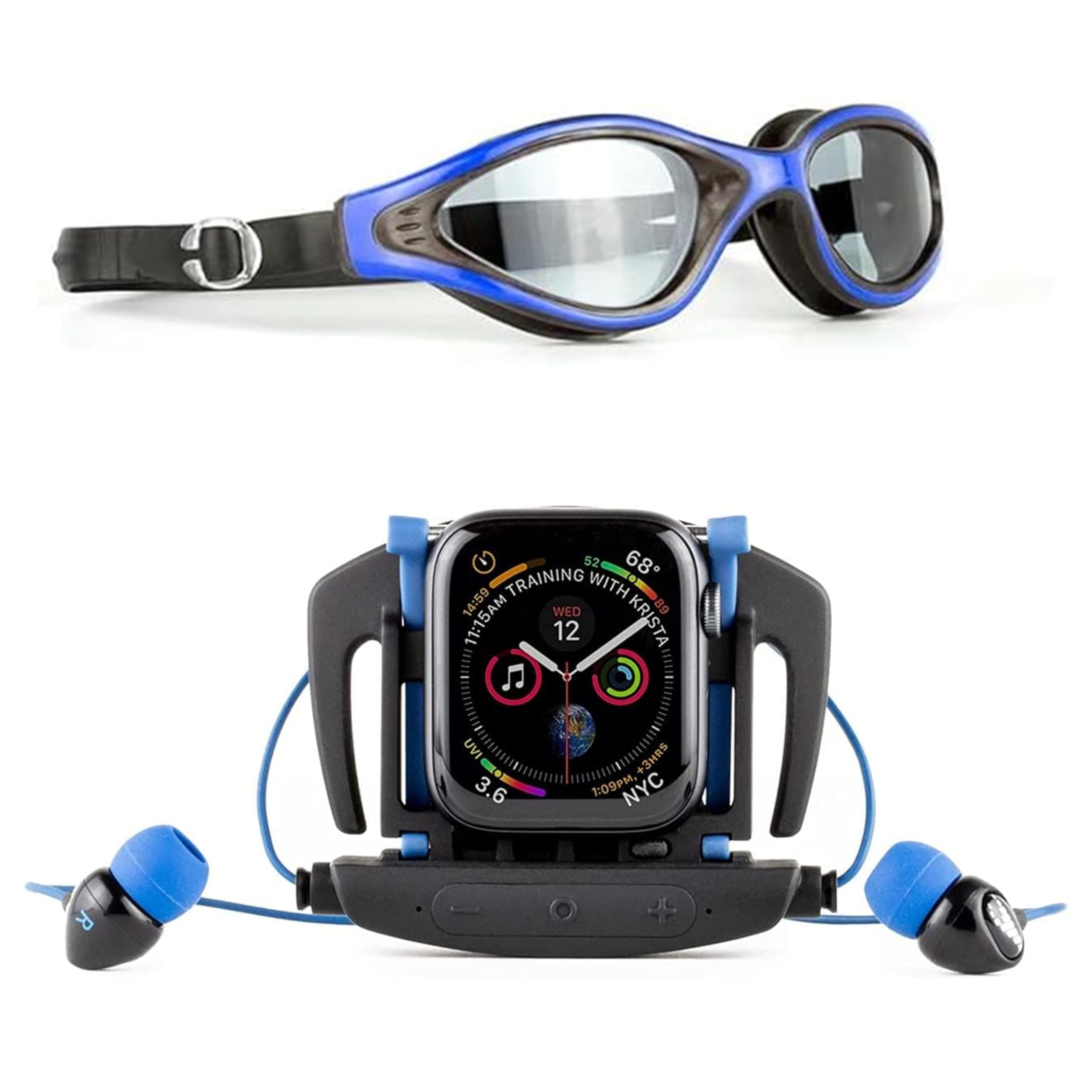 H2O Audio Interval & Surge S+ Waterproof Bluetooth Swimming Headphones – IPX8 Rated, 6-Hour Playtime, Anti-Fog Swim Goggles, Soft Silicone Earbuds – Perfect for Lap Swimming, Water Aerobics & Underwater Workouts – Black/Blue