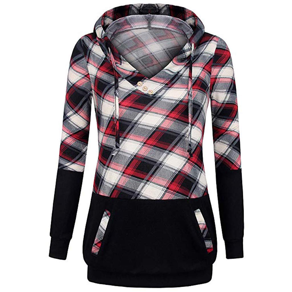 Women's Plaid V-Neck Pullover Hoodie Sweatshirt with Pocket - Red, Medium | Casual Winter Wear & Outdoor Activities | Cozy Fall Fashion & Layering Essential