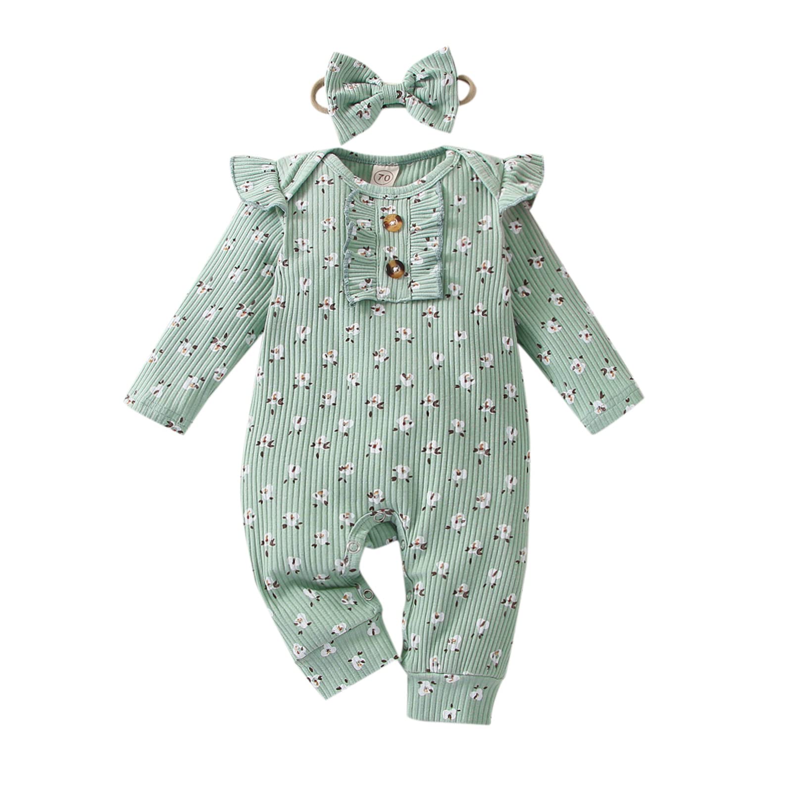 Newborn Baby Girl Floral Romper - Soft Ribbed Long Sleeve Ruffle Onesie Jumpsuit with Headband | Fall Winter Infant Outfit for Photoshoots, Holidays & Special Occasions