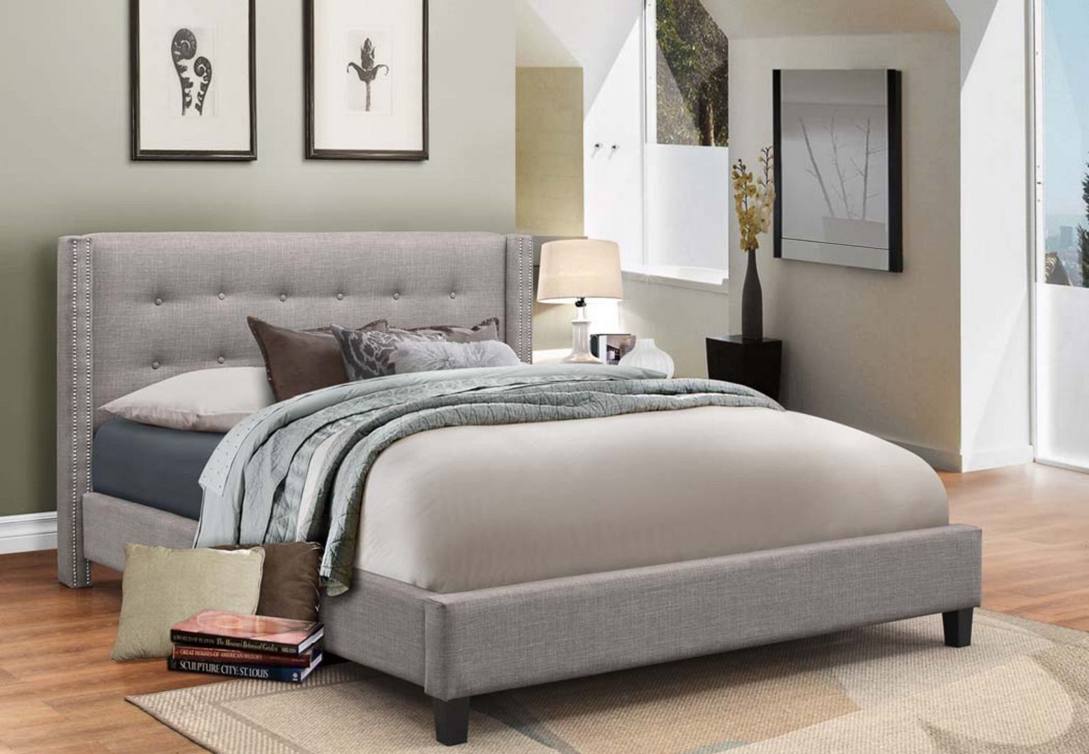 Abbey 189 Grey Linen Platform Bed Frame - Queen Size Modern Minimalist Bedroom Furniture for Small Spaces & Loft Apartments