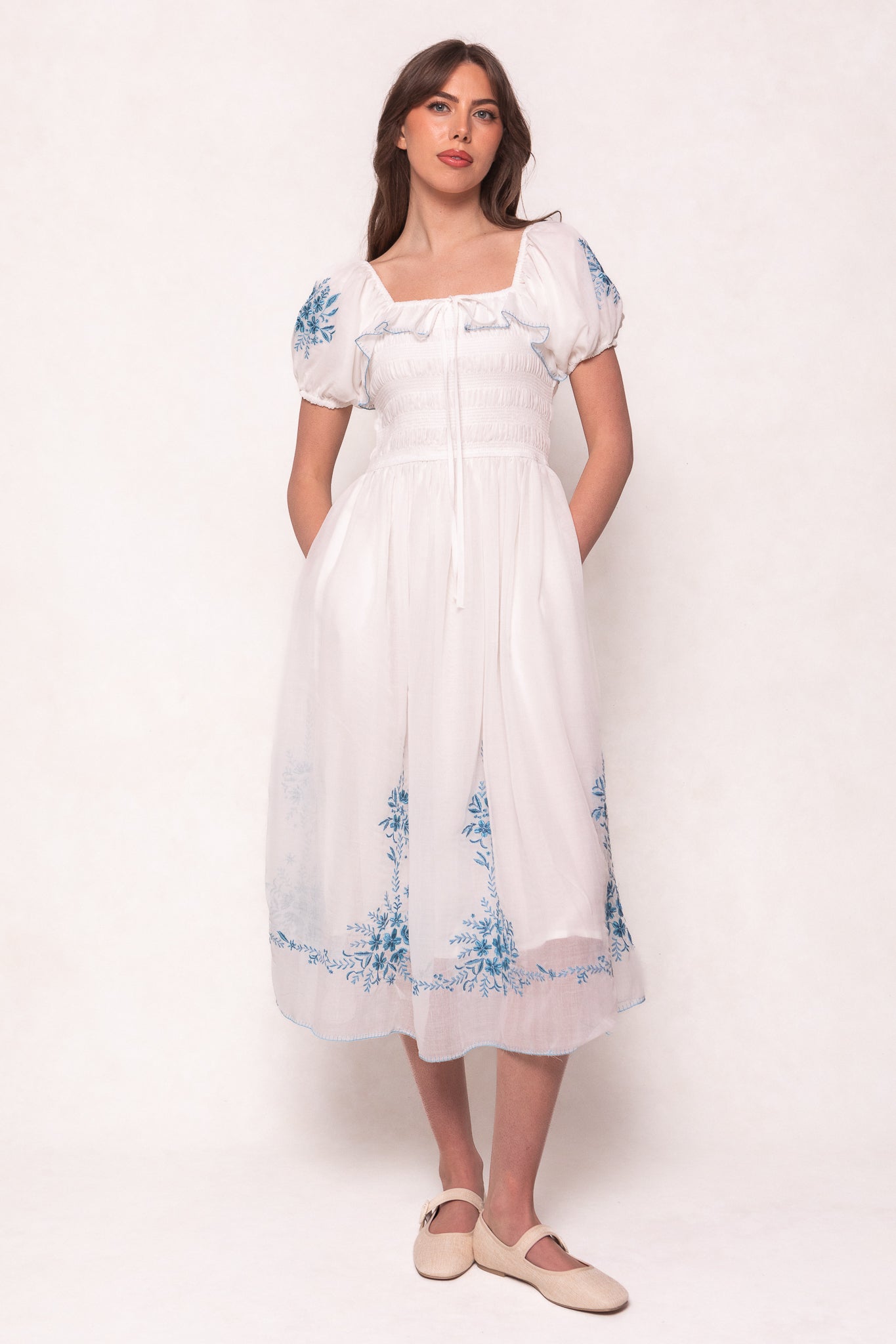 Elegant White Floral Blue Dress for Women - Perfect for Summer Parties, Weddings & Casual Outings
