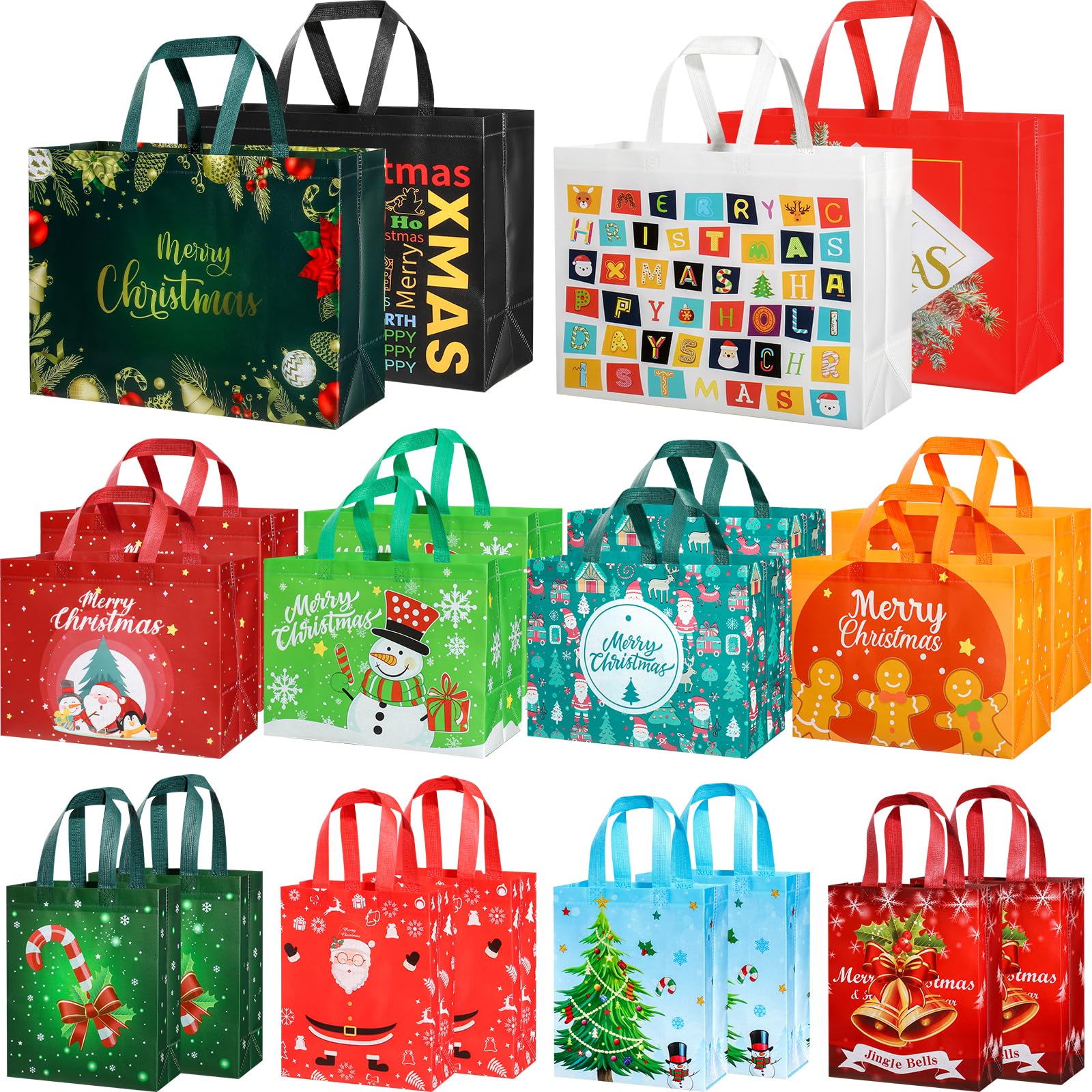 20 Pack Reusable Christmas Gift Bags with Handles - Assorted Sizes (4 Large, 8 Medium, 8 Small) - Eco-Friendly Non-Woven Fabric for Holiday Party Favors, Stocking Stuffers & Gift Wrapping